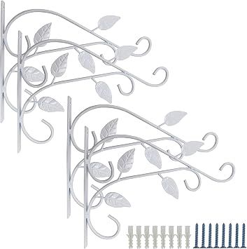 RONYOUNG 4PCS Hanging Plant Bracket 12in Metal Wrought Iron Planter Hooks Wall Mounted Decorative Hanger Hook for Hanging Indoor Outdoor Planter Flower Pot Bird Feeder Wind Chime Lanterns White