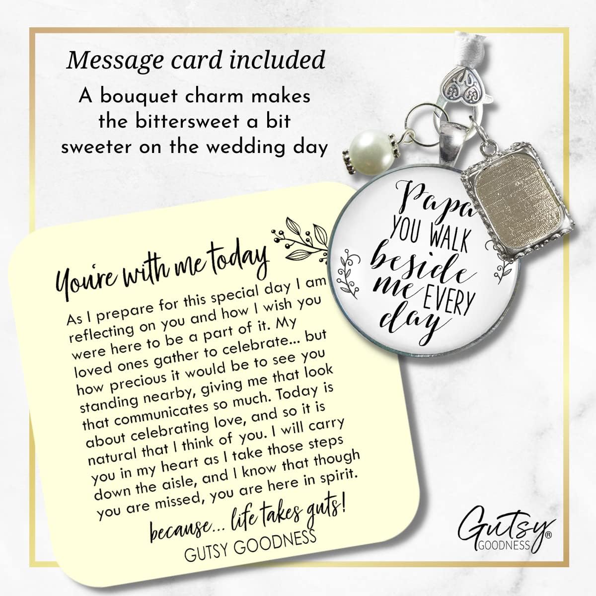 Bouquet Charm Wedding Memorial Grandfather Papa You Walk Beside Me Every Day Honoring Grandpa Of The Bride 1 Frame White Bead Antique Silvertone Jewelry White Glass Pendant DIY Photo Template