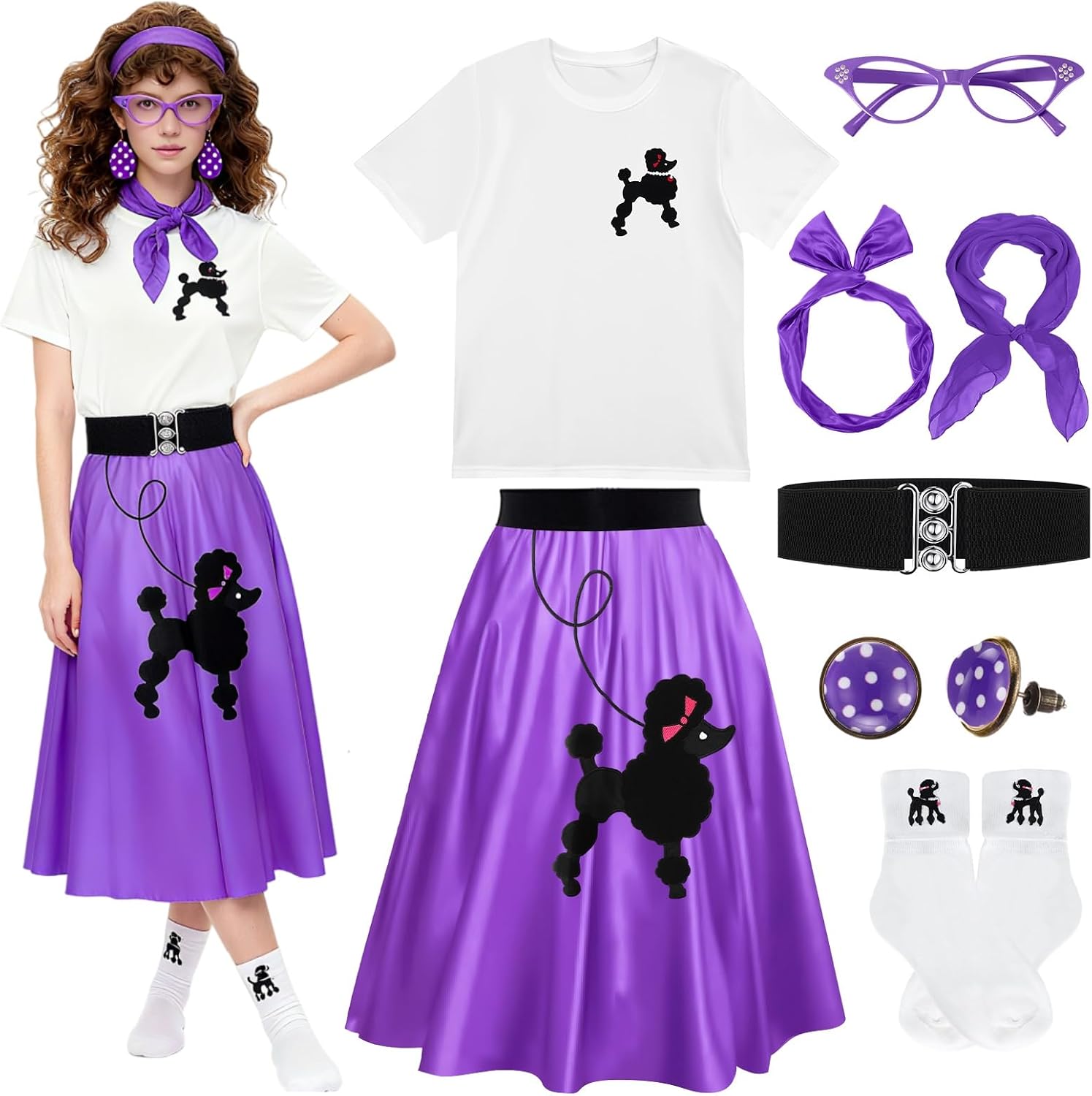 Maiteenly 8 Pcs Women 50s Poodle Skirt Outfit 1950s Dress Sock Hop Shirt Grease Costume Halloween Party Accessory