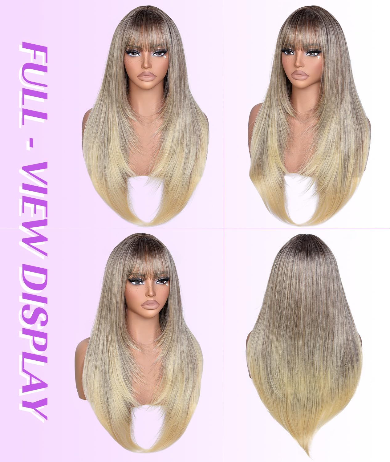 Wig with Bangs Long Layered Straight Wigs for Women, Realistic Scalp, Free Parting, Heat Resistant Synthetic Wig for Daily Party Use(Ombre Blonde, 26 Inch)