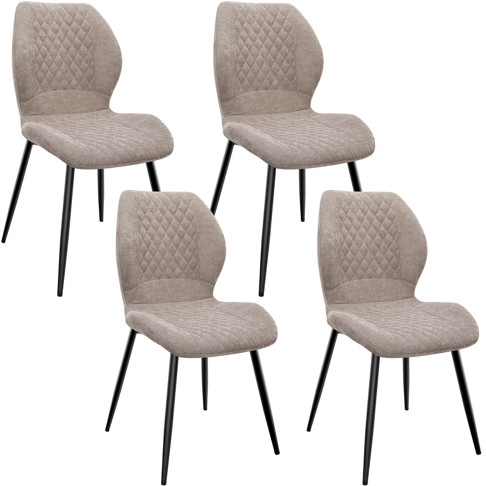 Pack de 4 Sillas de Comedor, Modernas Cocina Sillas, Dormitorio Sillas,con cojín de Espuma de Lino, Patas de Metal y Tapizado con Patrón de Diamante,marrón.