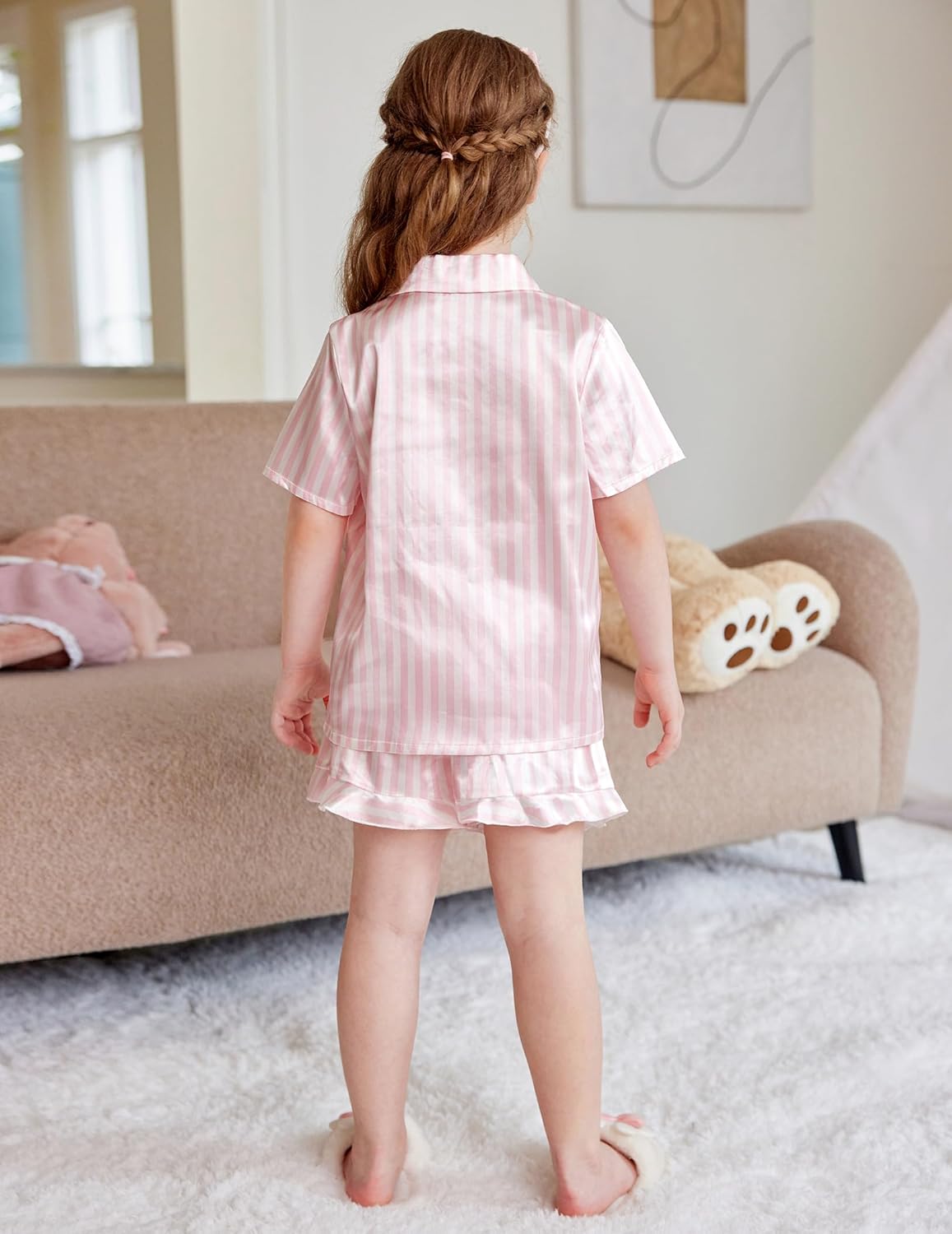 Arshiner Girls Pajamas Silk Satin Pajama Set 2 Piece Button Down Pjs Ruffle Sleepwear - Image 4