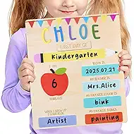 First Day of School Sign Board with Markers – 14"x11" Colorful Flags Back to School Signs, Personalized Name Colored Letters – My First and Last Day Supplies Reusable for Kindergarten & Preschool