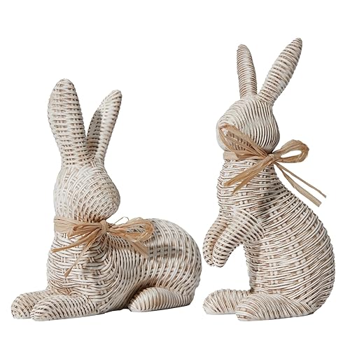 DN DECONATION Easter Decorations Bunny Figurines Set, Rattan Effect Resin