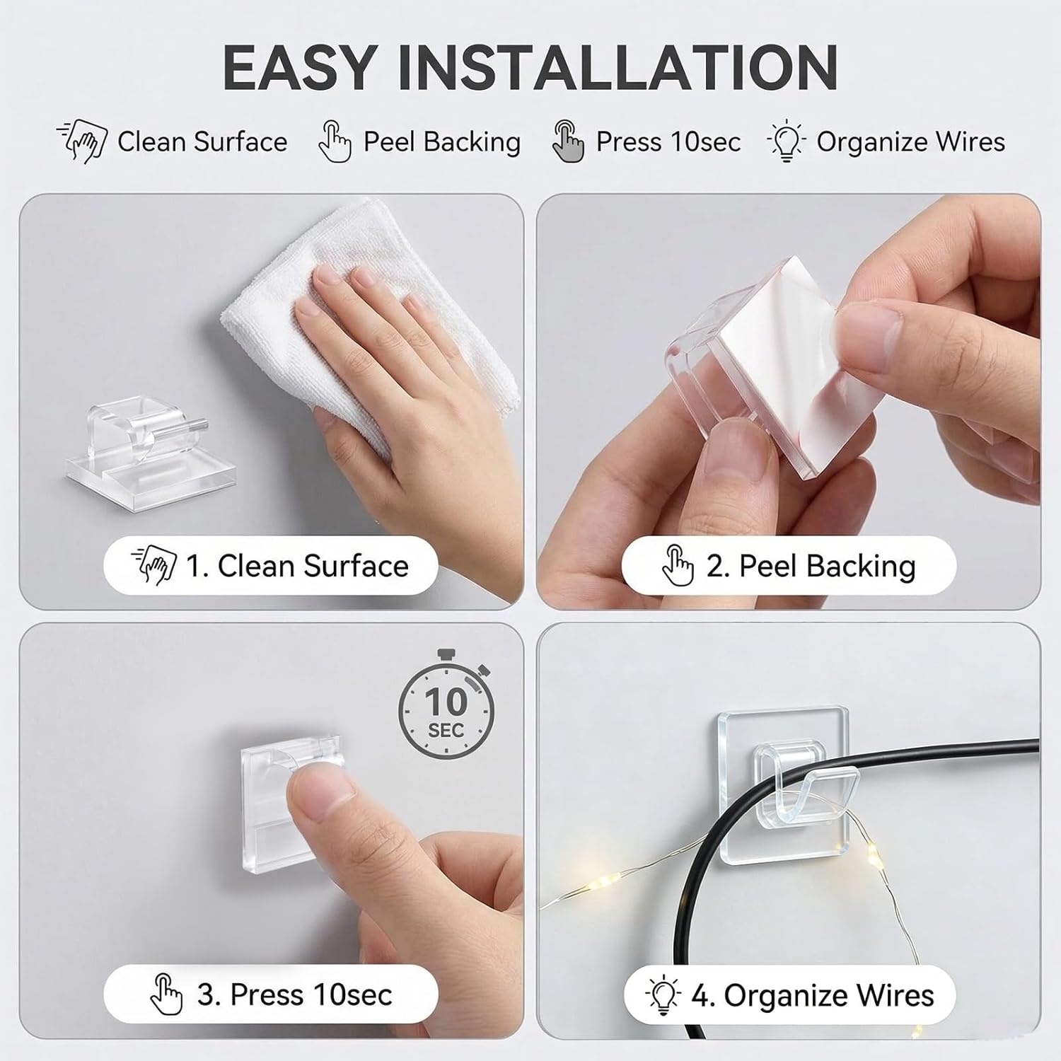 60 Pack Cable Clips, Electrical Cable Fixing, Self Adhesive Cable Holders, Wire Fixing and Light Garlands, for Walls and Offices