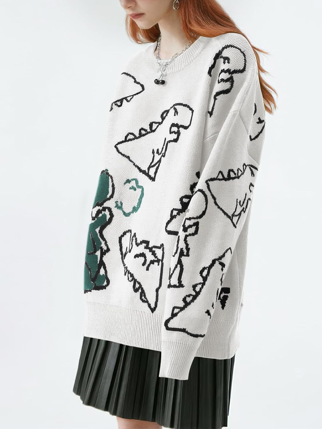 Women's Dinosaur Graphic Sweaters Cartoon Kwaii Knit Crewneck Long Sleeve Oversized Pullover Jumpers - Image 2
