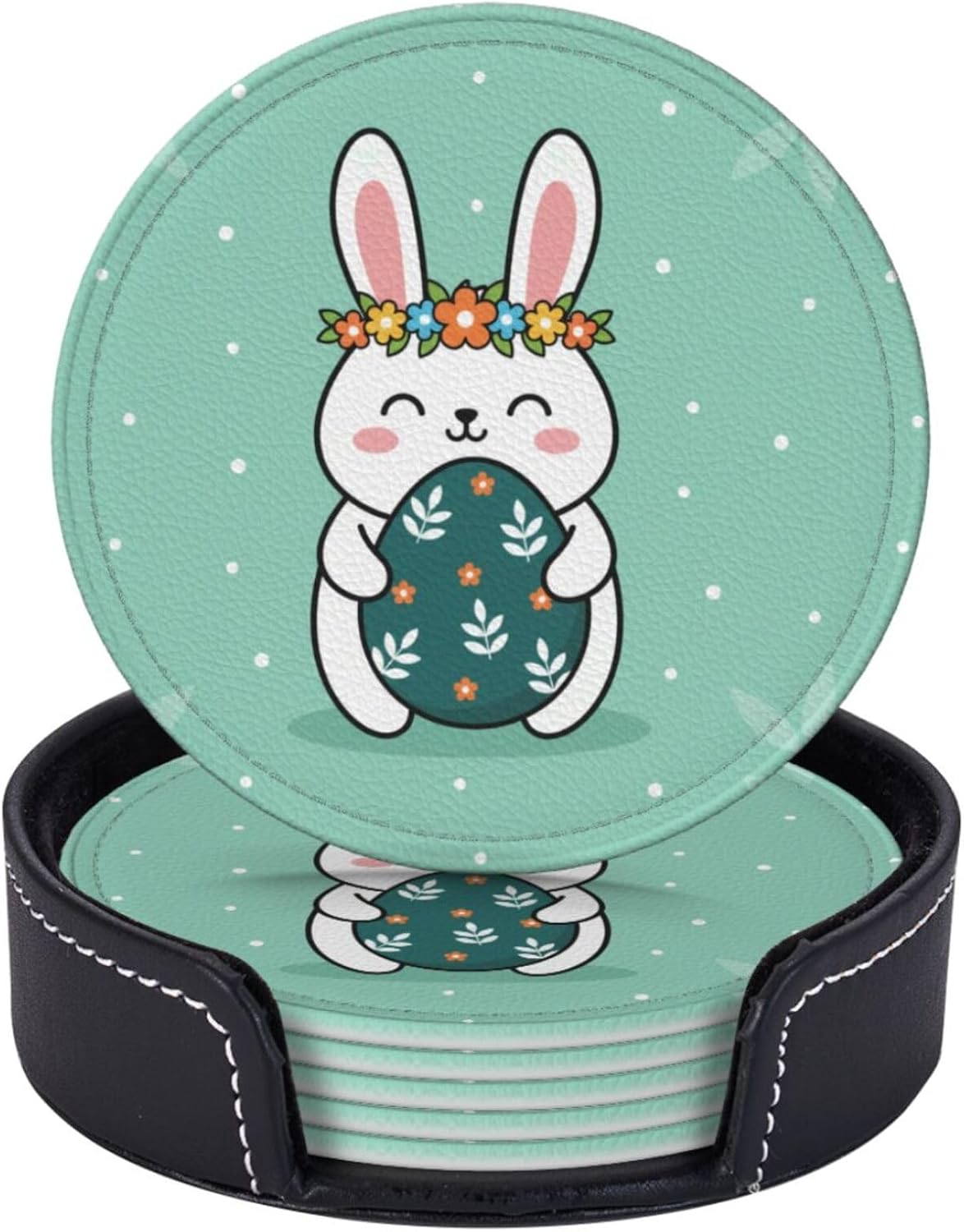 Coasters for Drinks Set of 6 Happy White Bunny Egg Plants Spring Home Decor Round Leather Drinks Coaster with Holder Heat Resistant Cup Mat Pad for Easter Party, Kitchen & Dining Table, 3.9 in