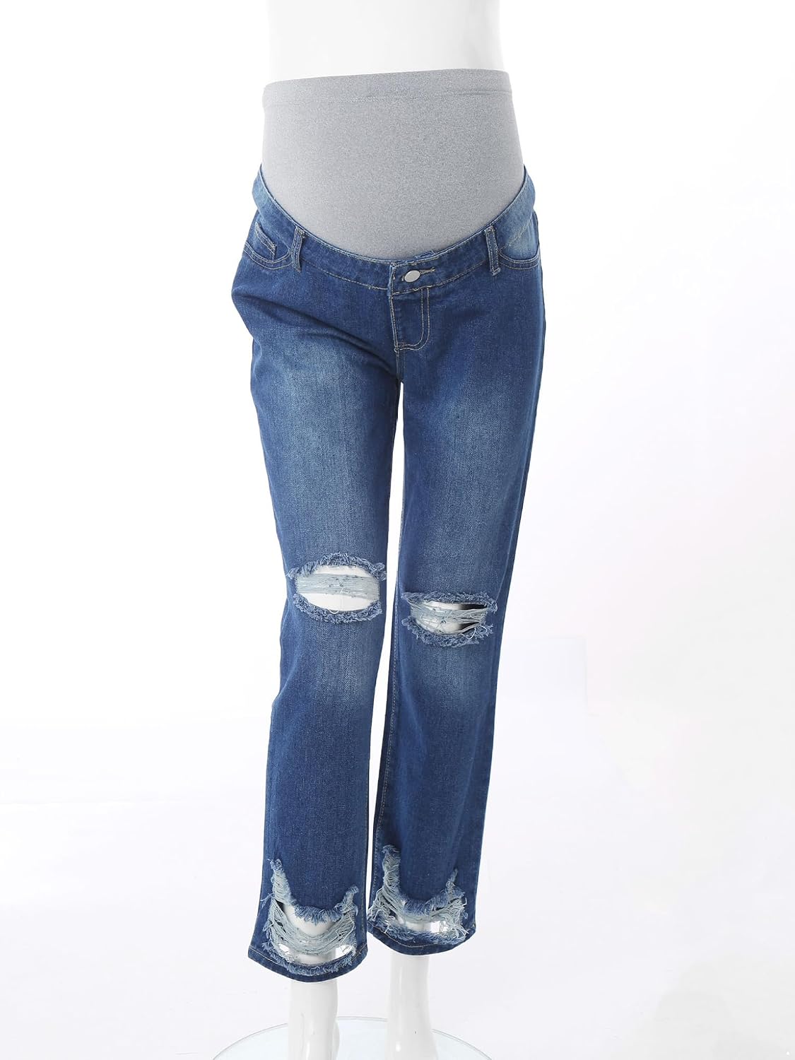 Women Maternity Casual Denim Jeans Over Belly High Waist Straight Leg Ripped Pants