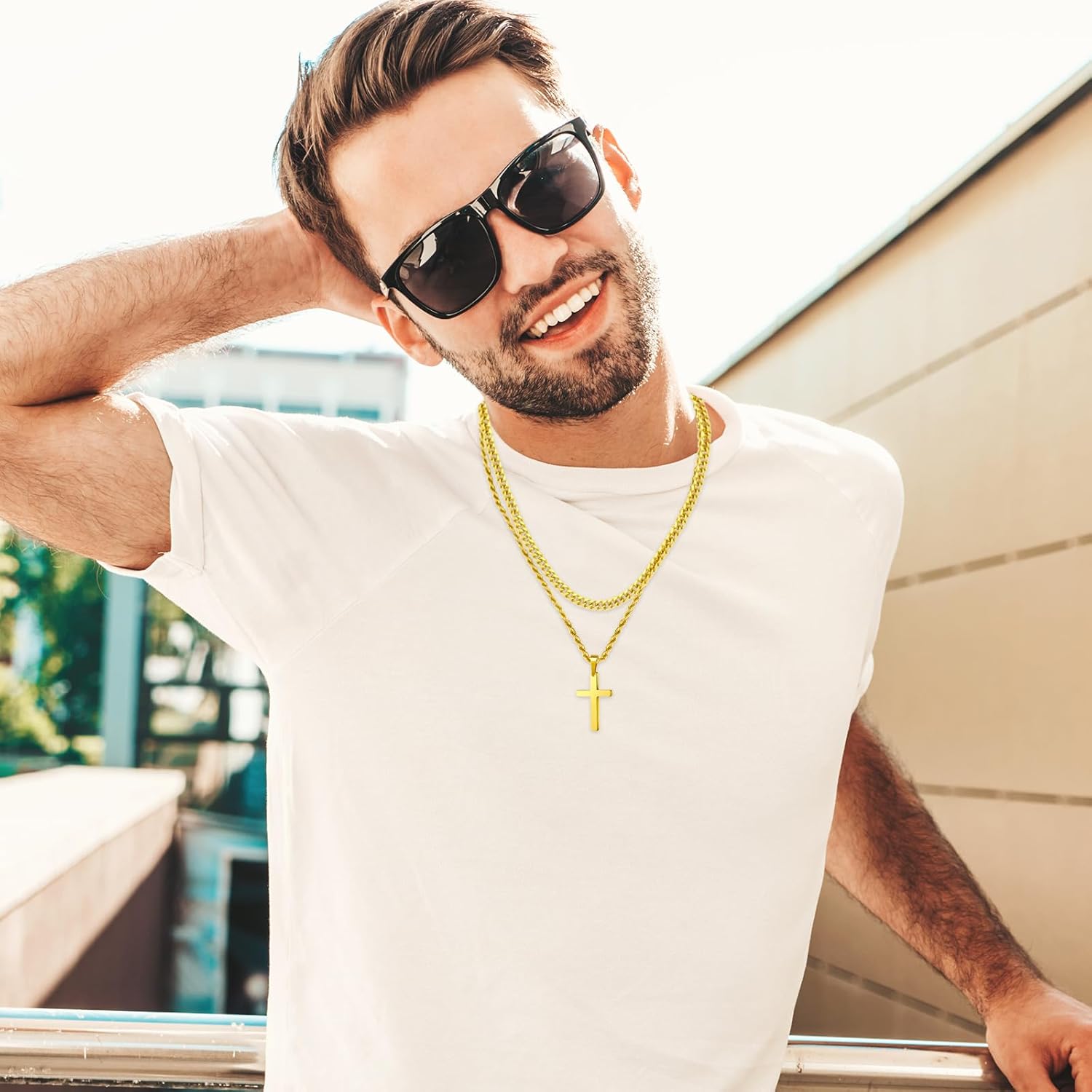 Trendy Gold Stainless Steel Layering Necklace with Gold Cross Pendant - Premium Gold Plated Jewelry for Men & Women Cuban Chain 19.7Inches - Image 4