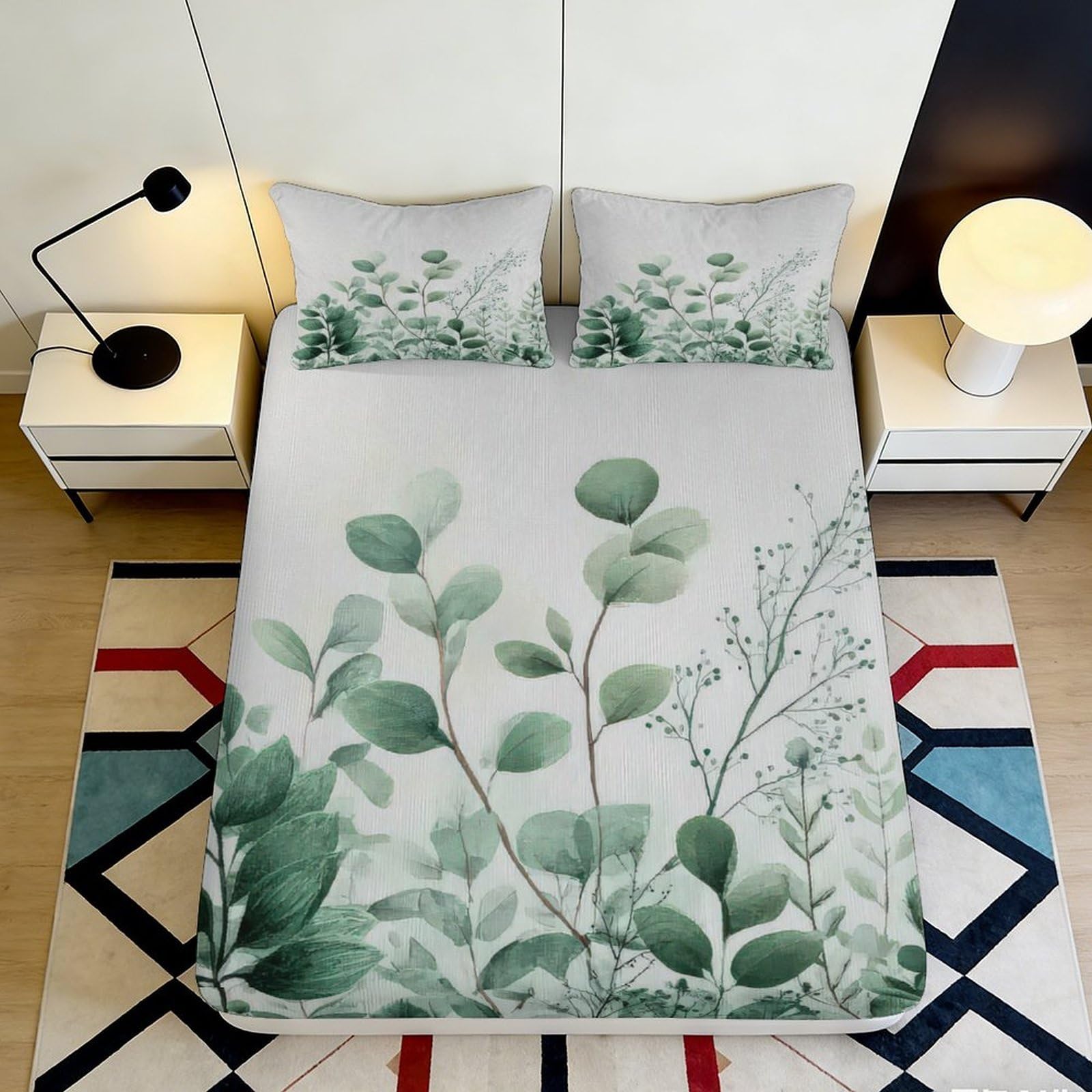 3D Printed Eucalyptus Leaf Fitted Sheet Microfiber Soft Green Botanical Mattress Cover for Bedroom Dorm Decor 90x200x25cm