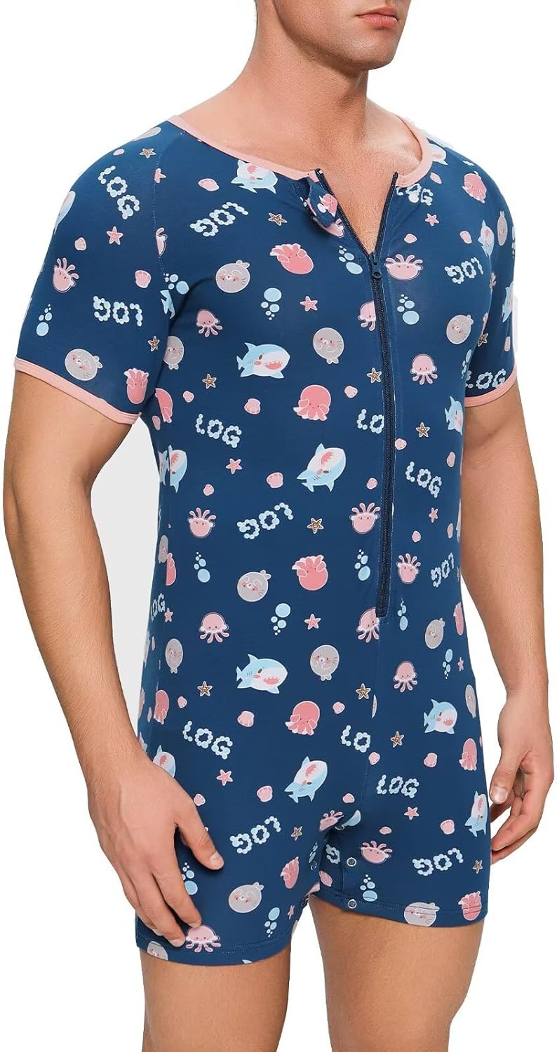 Landofgenie Men's Short Sleeve Romper Crotch Shirt Bodysuit One Piece Pajamas - Image 5