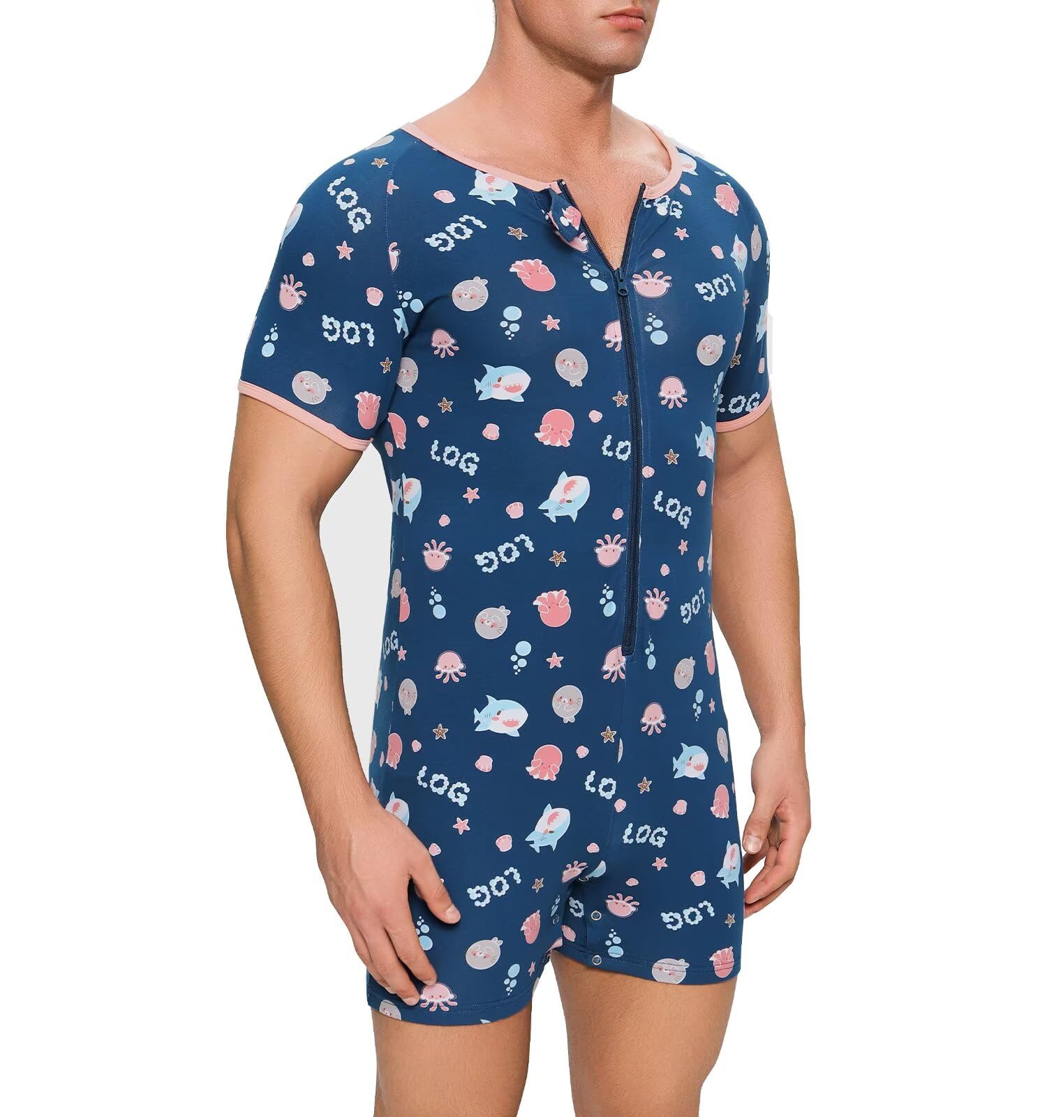 Landofgenie Body pour Adultes Homme - Pyjama Intégral à Manches Courtes avec Boutons d'Entrejambe, Coton Onesie