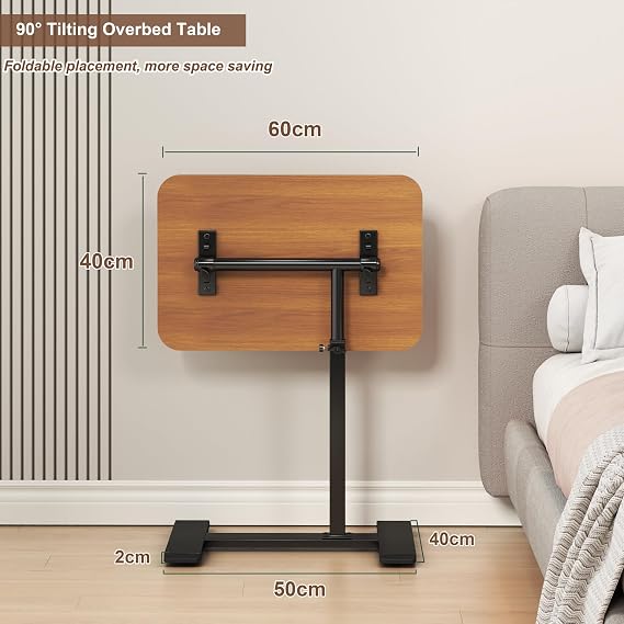 Adjustable Height C Shaped Side Table,360°Swivel Overbed Table,Top Tilting Laptop Stand Table with Hidden Wheels,Mobile Couch End Tables that Slide under,Rolling TV Coffee Table for Sofa/Bed (wood)