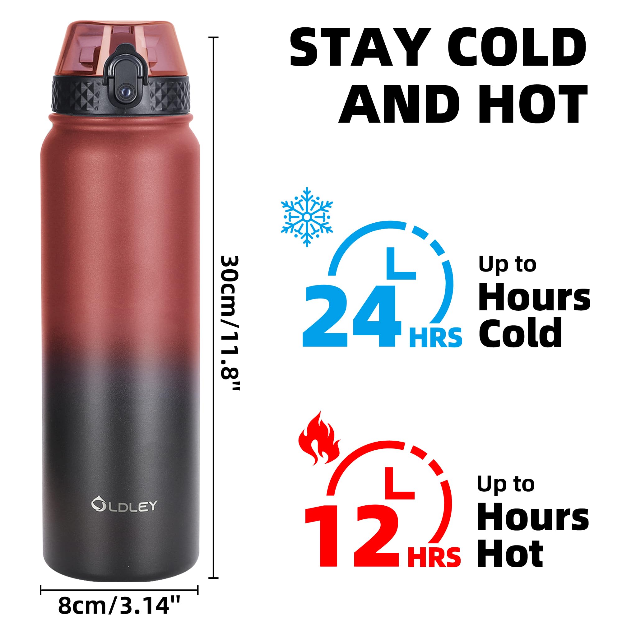 OLDLEY Stainless Steel Water Bottle with Straw 1L Vaccum Insulated Large Drink Flask Metal Water Bottles 1 Litre Leakproof Keep Drinks Hot Cold for Sports Gym Travel Adult Women Men(Red Black - Image 4