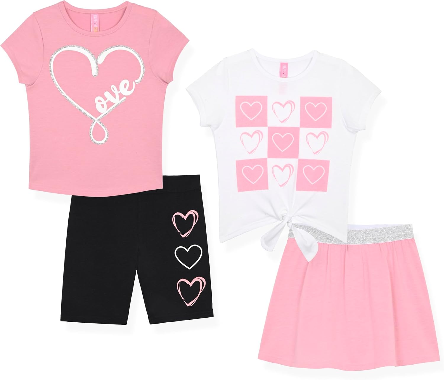 Dreamstar Girls 4 Piece Outfit Set – Short Sleeve Blouse Tops, Scooter Skirt Shorts Mix and Match Summer Clothing Set