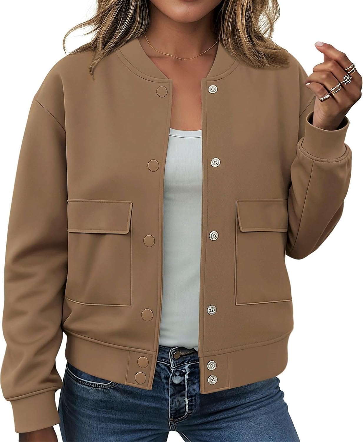 ETCYY NEW Bomber Jackets for Women 2025 Trendy Fall Winter Cropped Coats Button Down Casual Varsity Jacket with Pockets