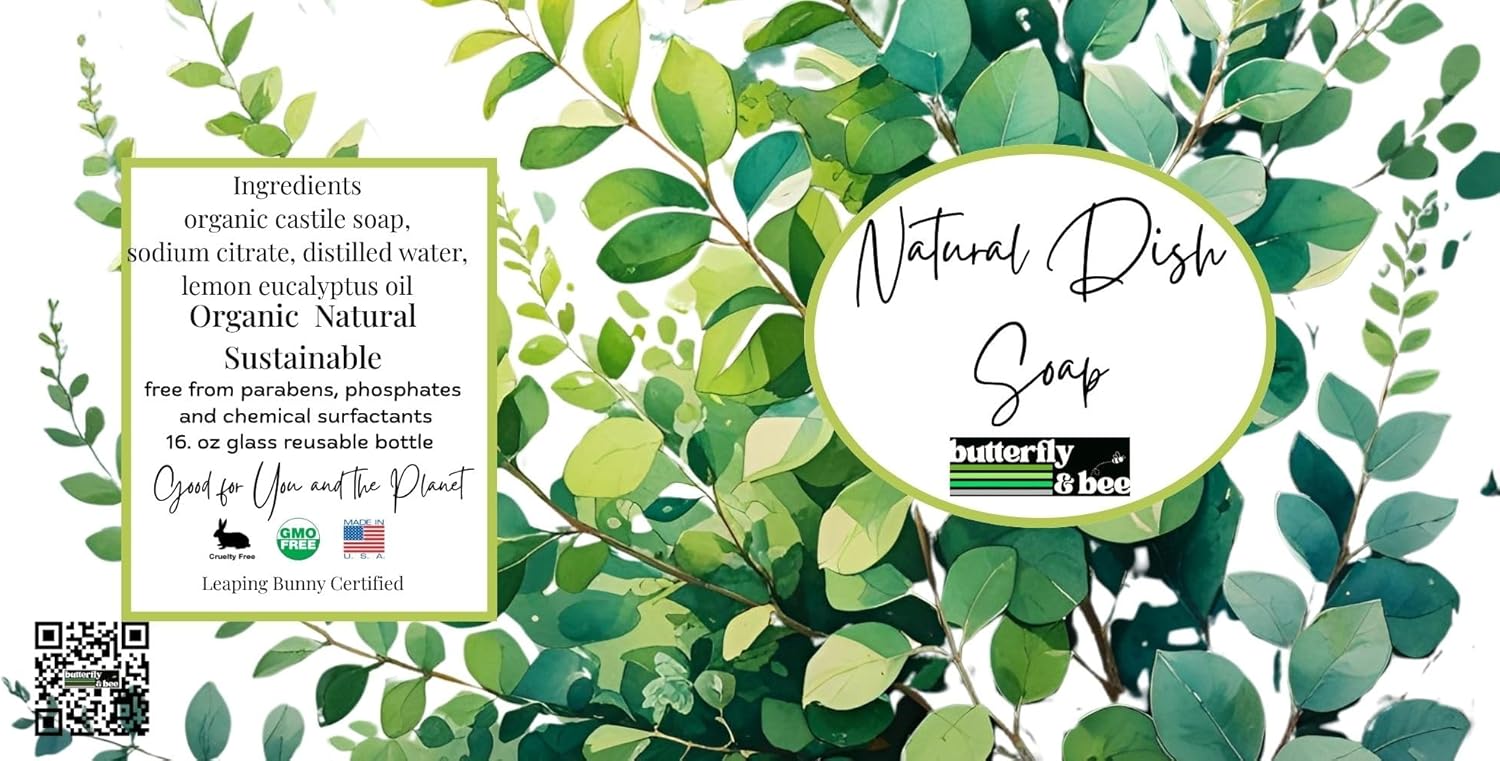 Butterfly&Bee Natural Dish Soap, Liquid, Castile Soap with Lemongrass, Plant-Based, Dye-Free, Bulk 1 Gallon Glass Jug