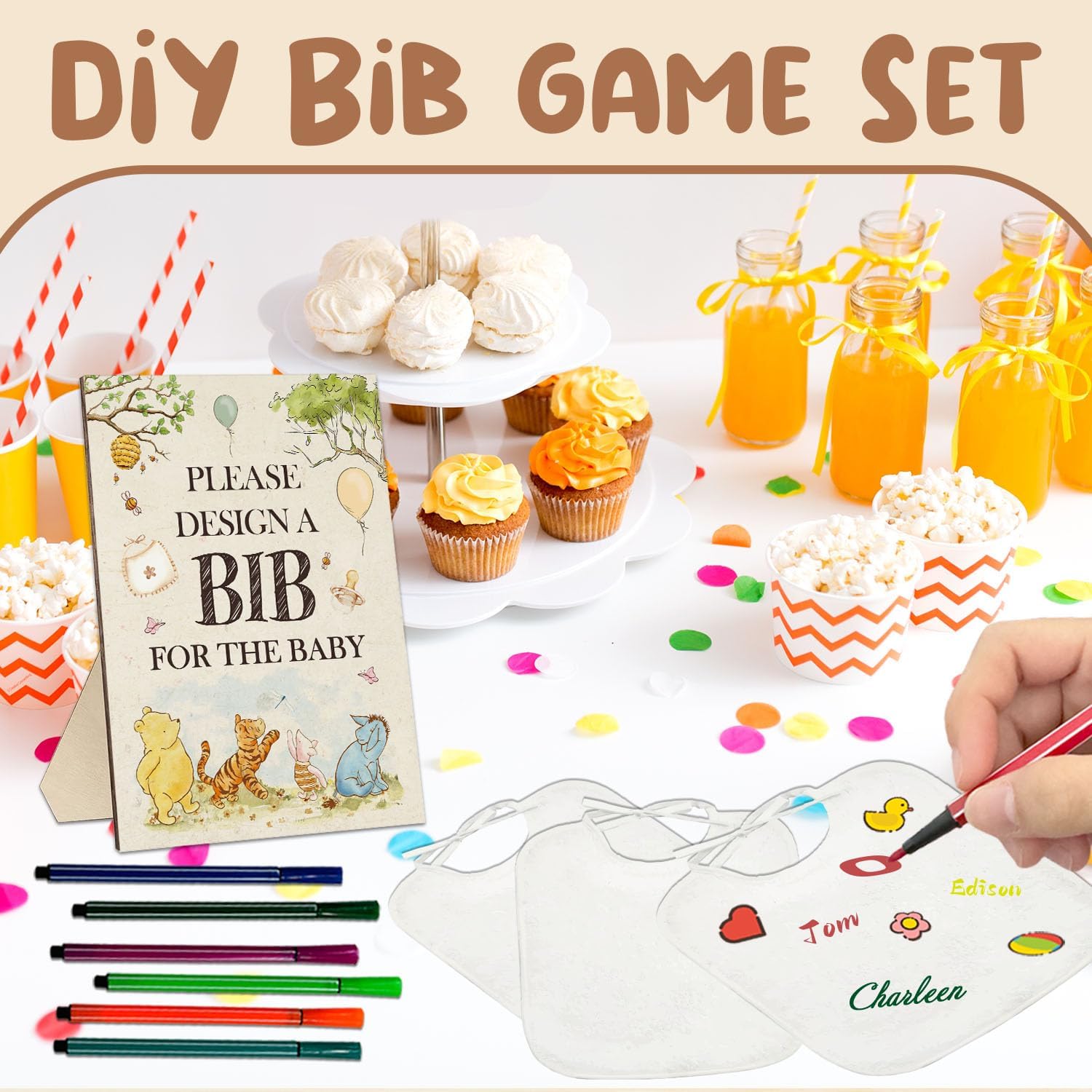 the Pooh Baby Shower Game Set, 43Pcs Includes 1 Baby Bib Sign, 30 White Bib Decorating and 12 Painting Pens, Diy Bib Game Great for Baby Shower Decor, Baby Shower Party Supplies