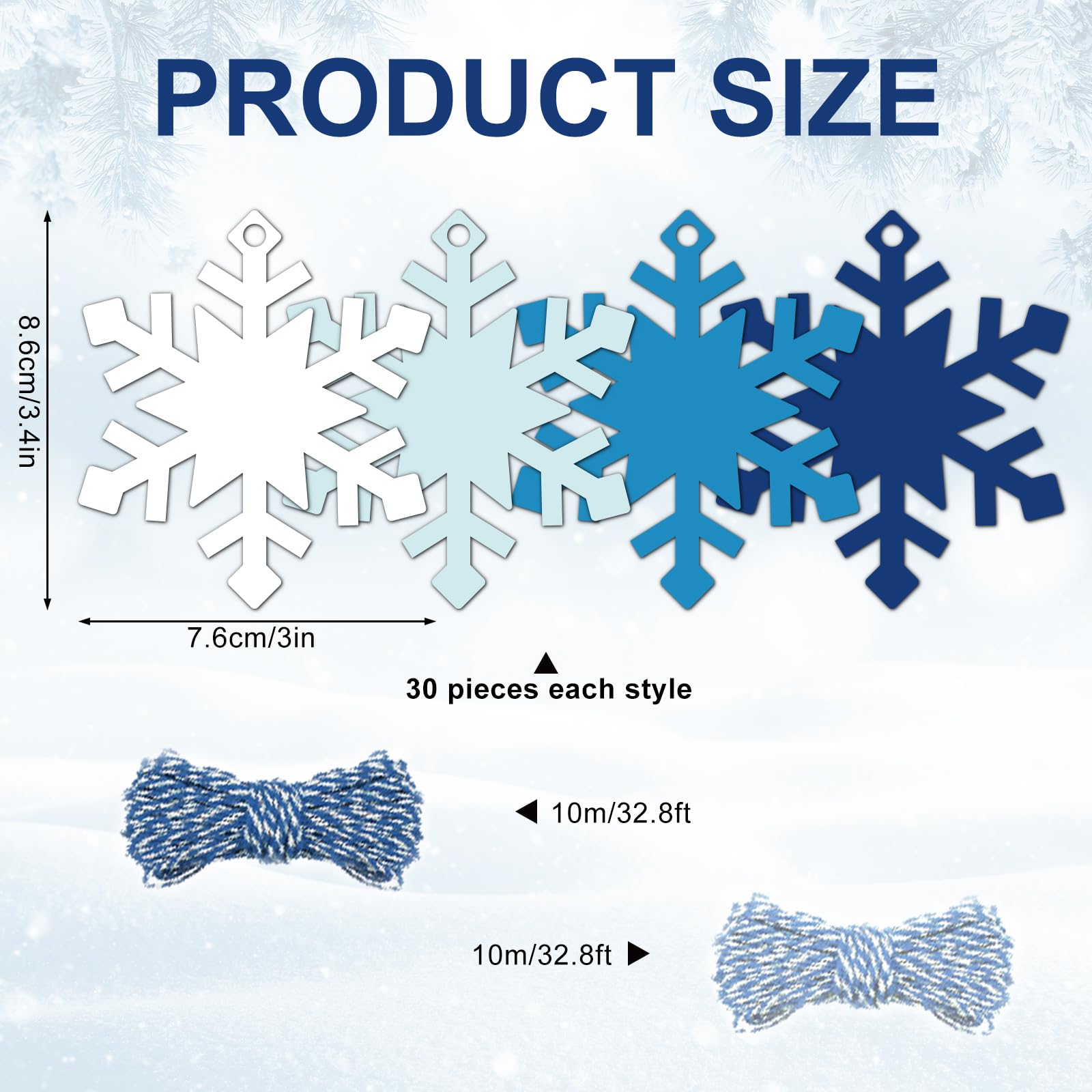 Whaline 120 Stück Weihnachts-Winter-Papier-Geschenkanhänger mit Hanfseil, weiß-blaue Schneeflocke, hängende Anhänger mit vorgestanzten Löchern, Weihnachtsgeschenke, Wunsch-Etiketten, 4 Farben