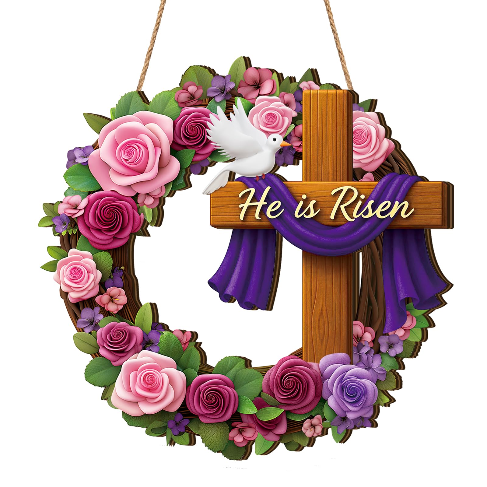 LIJUGITF Christian Easter Decorations, He is Risen Easter Wooden Wreath for Front Door Decor, Religious Cross Flowers Hanging Sign for Wall Window