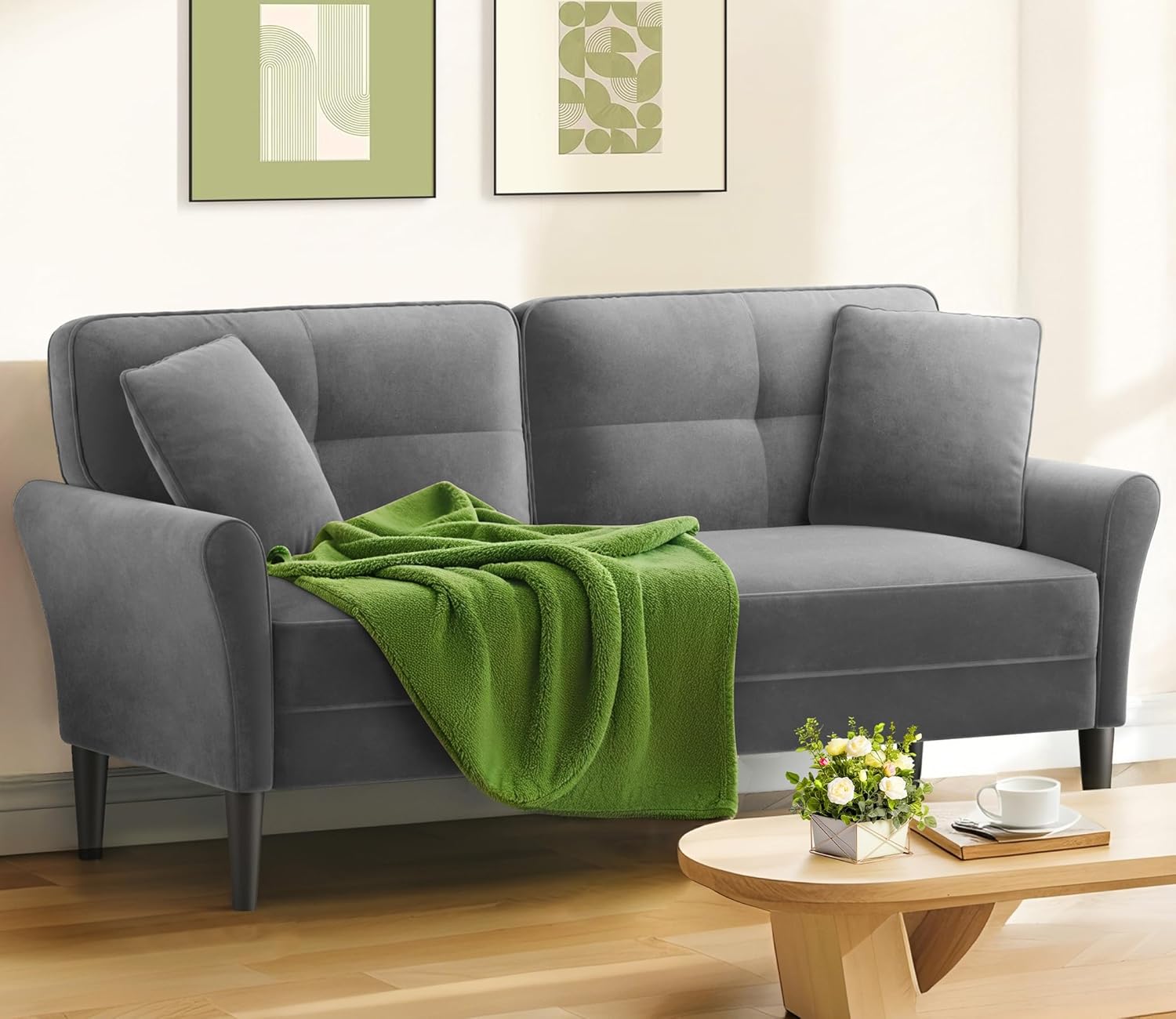 69" Loveseat Sofa, Velvet Small Couches for Small Spaces, Love Seat Couches with 2 Pillows, Tool-Free Setup Loveseats, 700lb Load Sofas for Living Room, Mini Couch for Bedroom, Sofa Couch, Charcoal