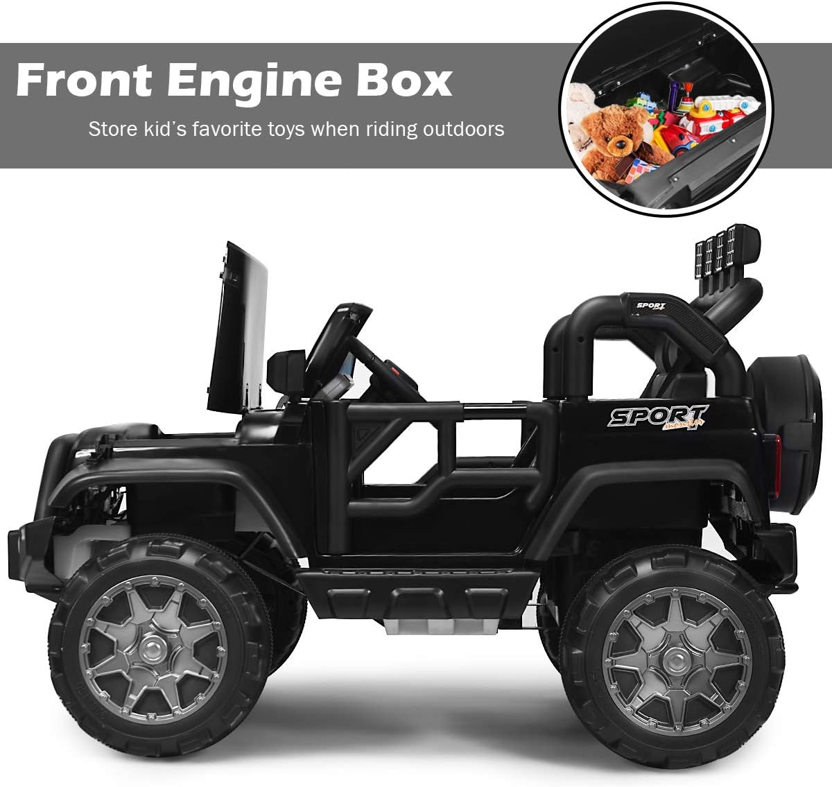 HONEY JOY 2 Seat Ride On Truck, 12V Off-Road Ride On Car with Remote Control, Slow Start, Spring Suspension, LED Lights, Music, 3 Speeds, Battery Powered Electric Vehicle for Two Kids(Black)