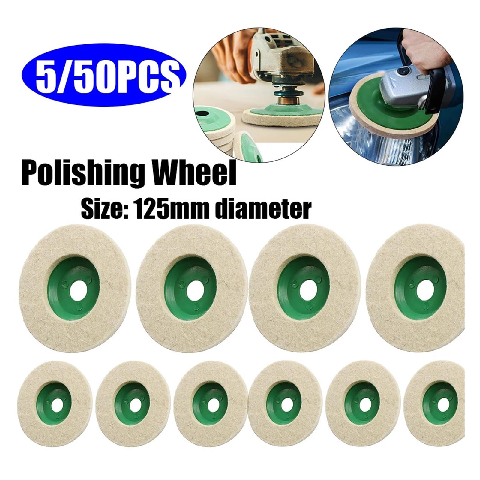 Discos pulidores de lana Disco de pulido de fieltro de lana de 125 mm, 5/50 unidades, disco de pulido de 4 pulgadas for coche, metal, mármol, vidrio y cerámica.(50PCS)