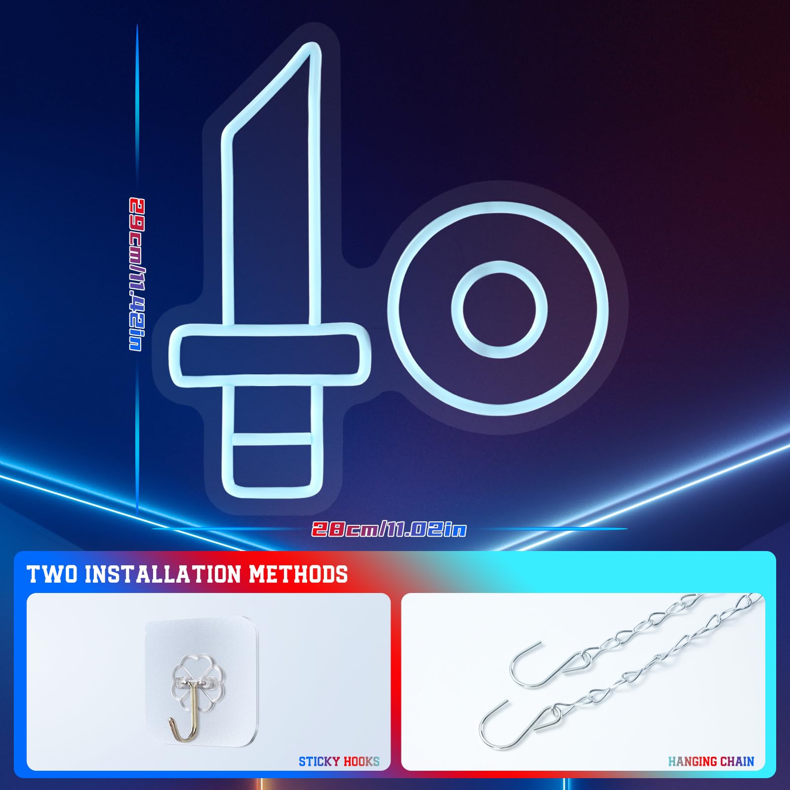 Game Neon Sign, Sword & Shield LED Neon Light for Gaming Room Decor, Neon Sign for Boys’ Room, USB Powered Teen Boys Birthday Gift, Ice Blue Game Wall Decor, Party Lighting