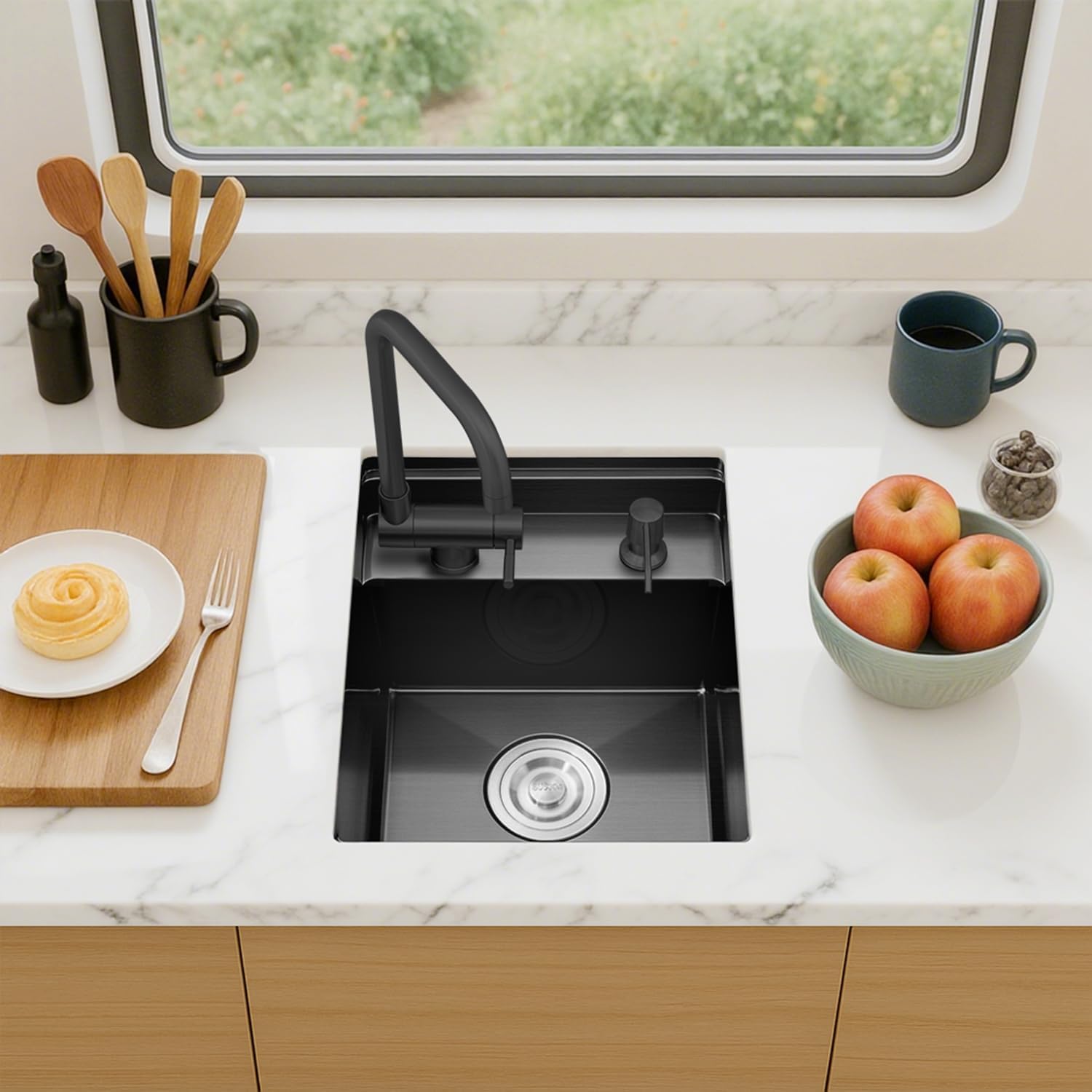 Hidden RV Kitchen Sink with Foldable Faucet, 11.8" x 17.7" Undermount Stainless Steel Single Bowl Workstation Bar Sink for camping and small spaces (Dark Grey)