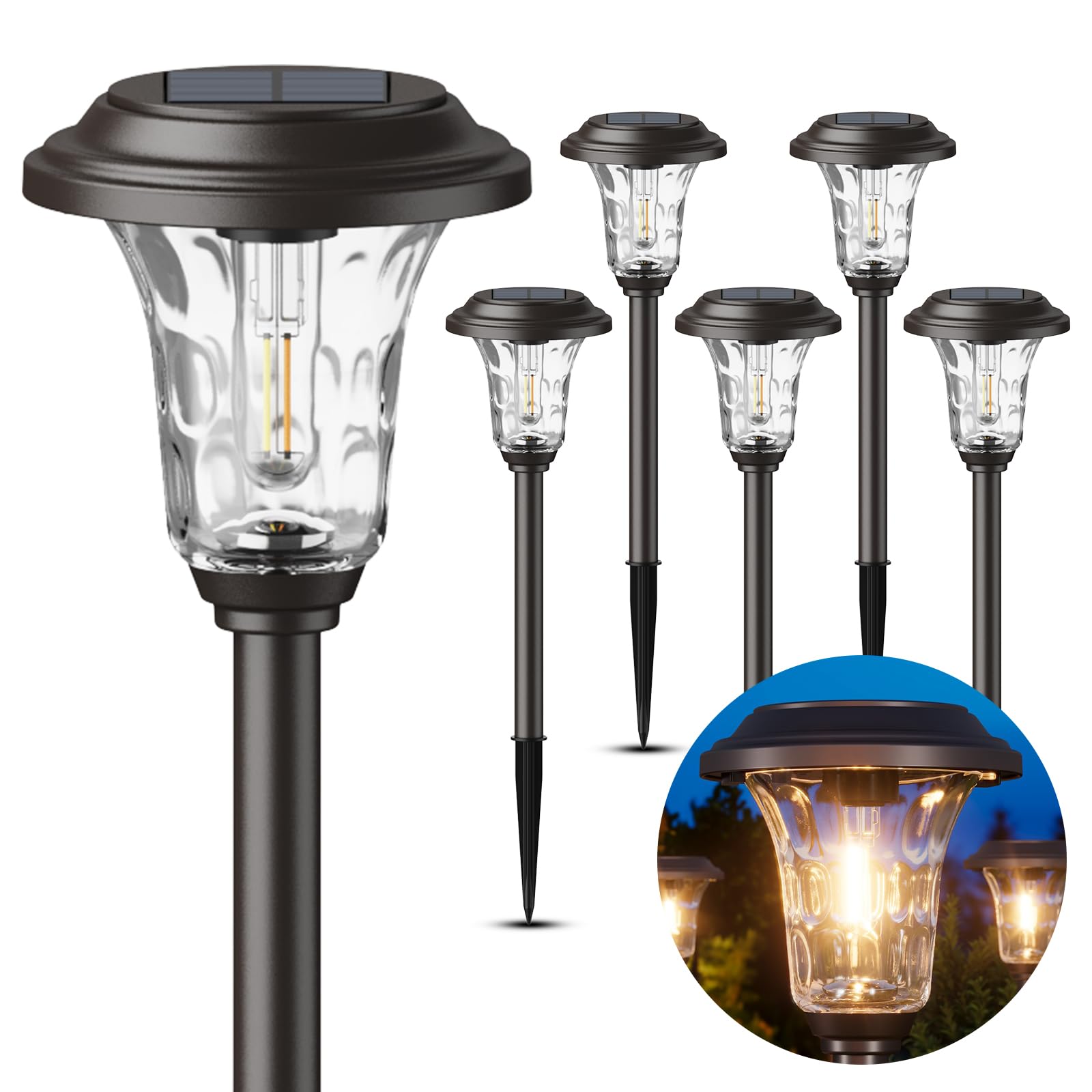 XMCOSY+ Wasserdichte Solarleuchten für den Außenbereich, 6 Stück Solarleuchten aus Metallglas, Landschaftsbeleuchtung, 20/40 lm, für Garten, Hof, Weg, Gehweg, Außendekoration