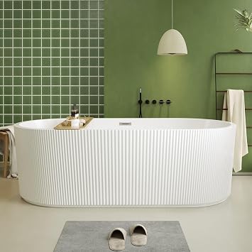 Acrylic Freestanding Bathtub;Contemporary Soaking Tub with Unique Pleated Design;Acrylic Bathtub With Chrome Overflow and Pop-Up Drain,Cupc Certified Gloss White, 59"