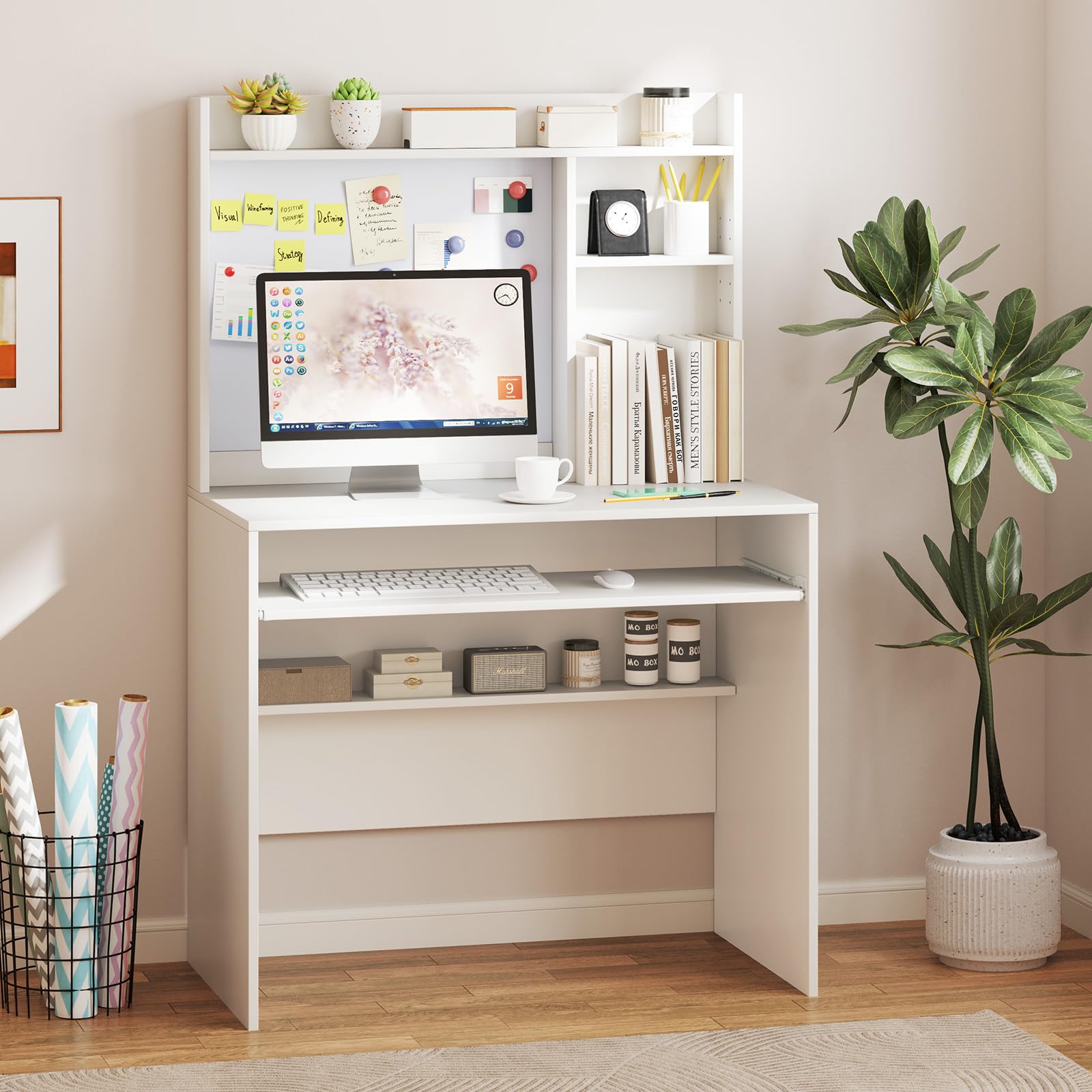 COSTWAY Escritorio con Tablero Magnético, Mesa Escritorio Blanca con Estantes Ajustables, Bandeja para Teclado, Escritorio Juvenil 89 x 50 x 138 cm (Blanco)