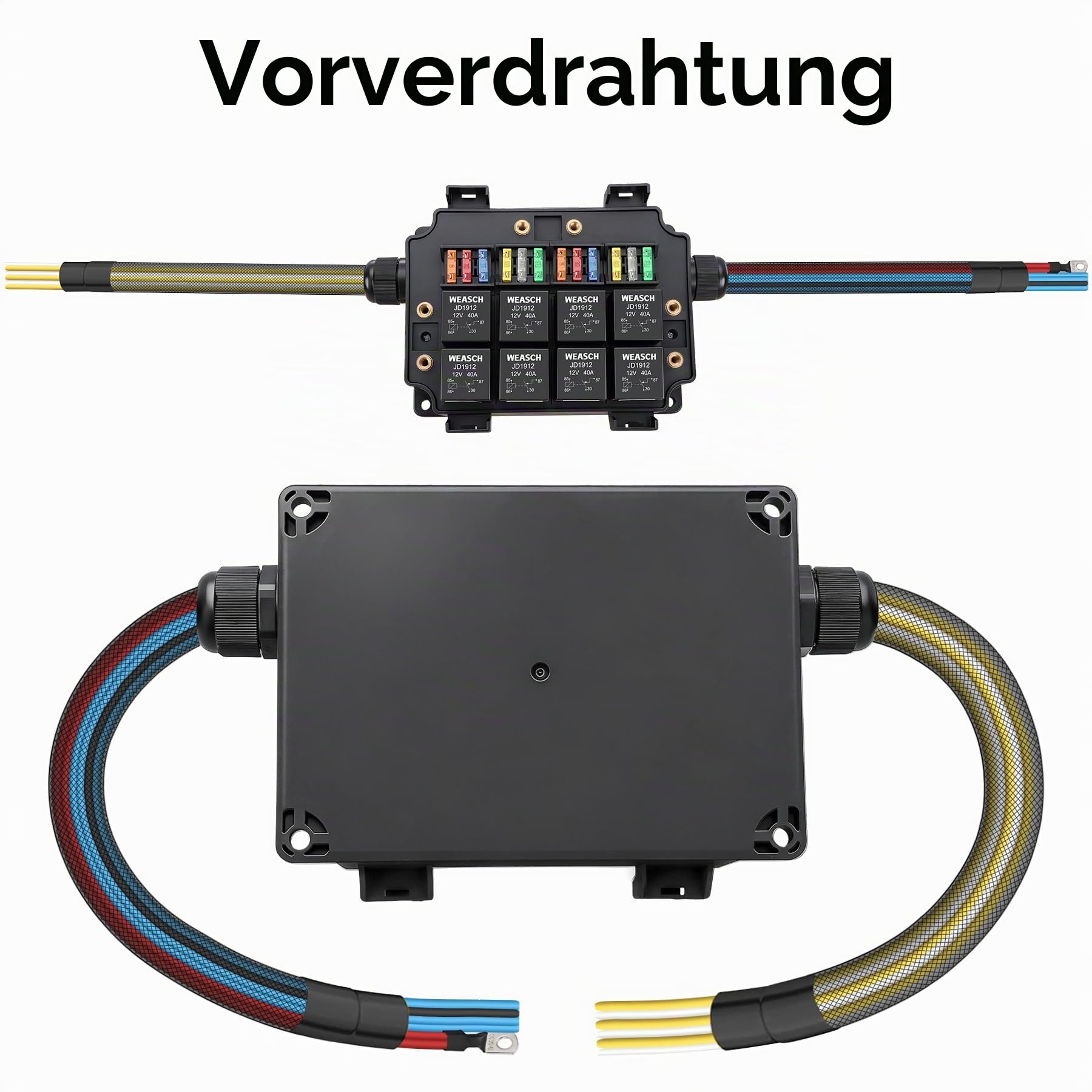 12V 12-fach vorverdrahteter, wasserdichter Sicherungs- und Relaiskasten, 8 Relais und 12 ATC/ATO-Flachsicherungen, 4-poliger 40A-Relaisblock und -Kit, für PKW, LKW, Boot und Jeep