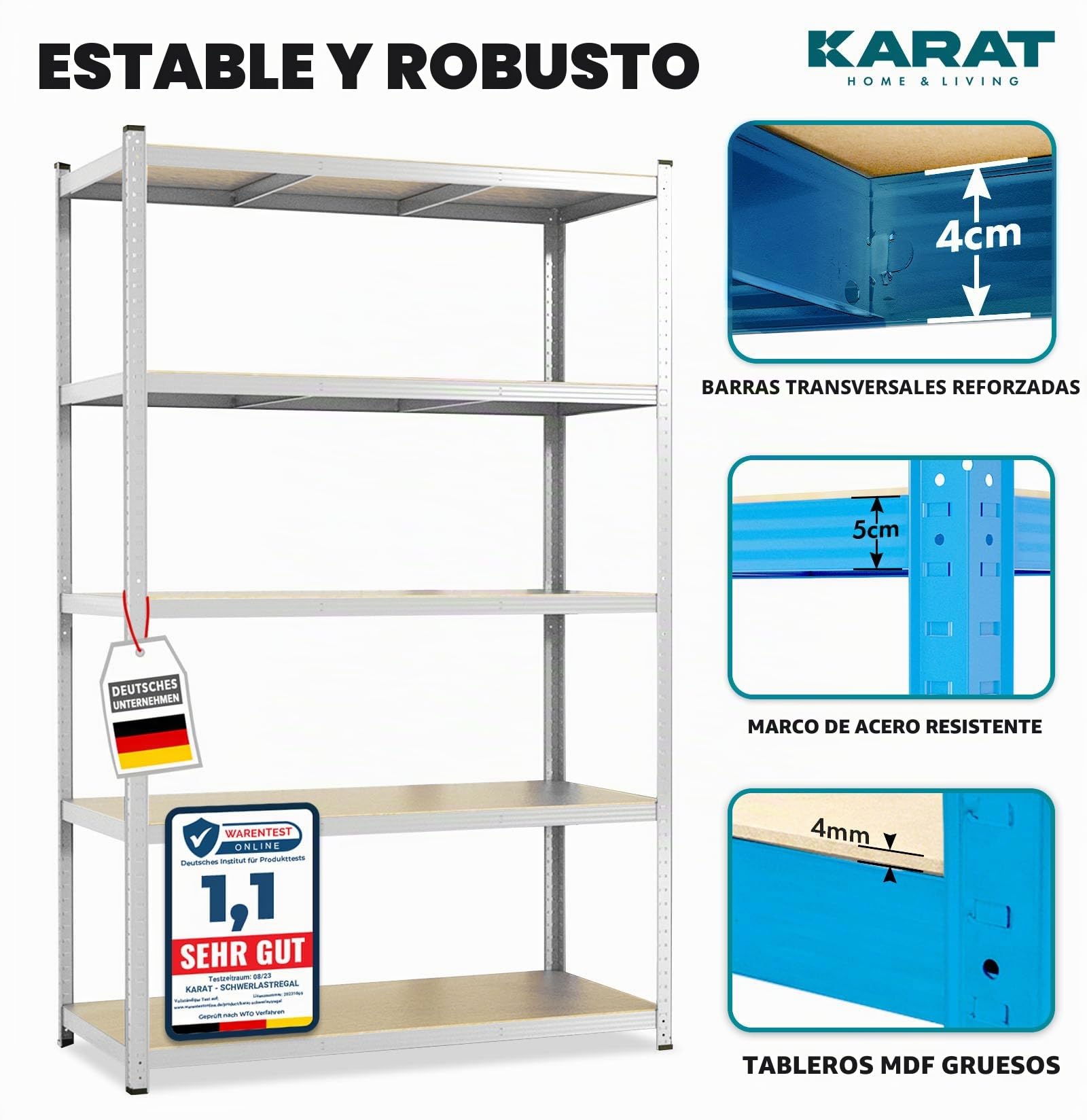 KARAT Estantería de metal para cargas pesadas, 180 x 90 x 60 cm, 5 estantes ajustables (galvanizado)