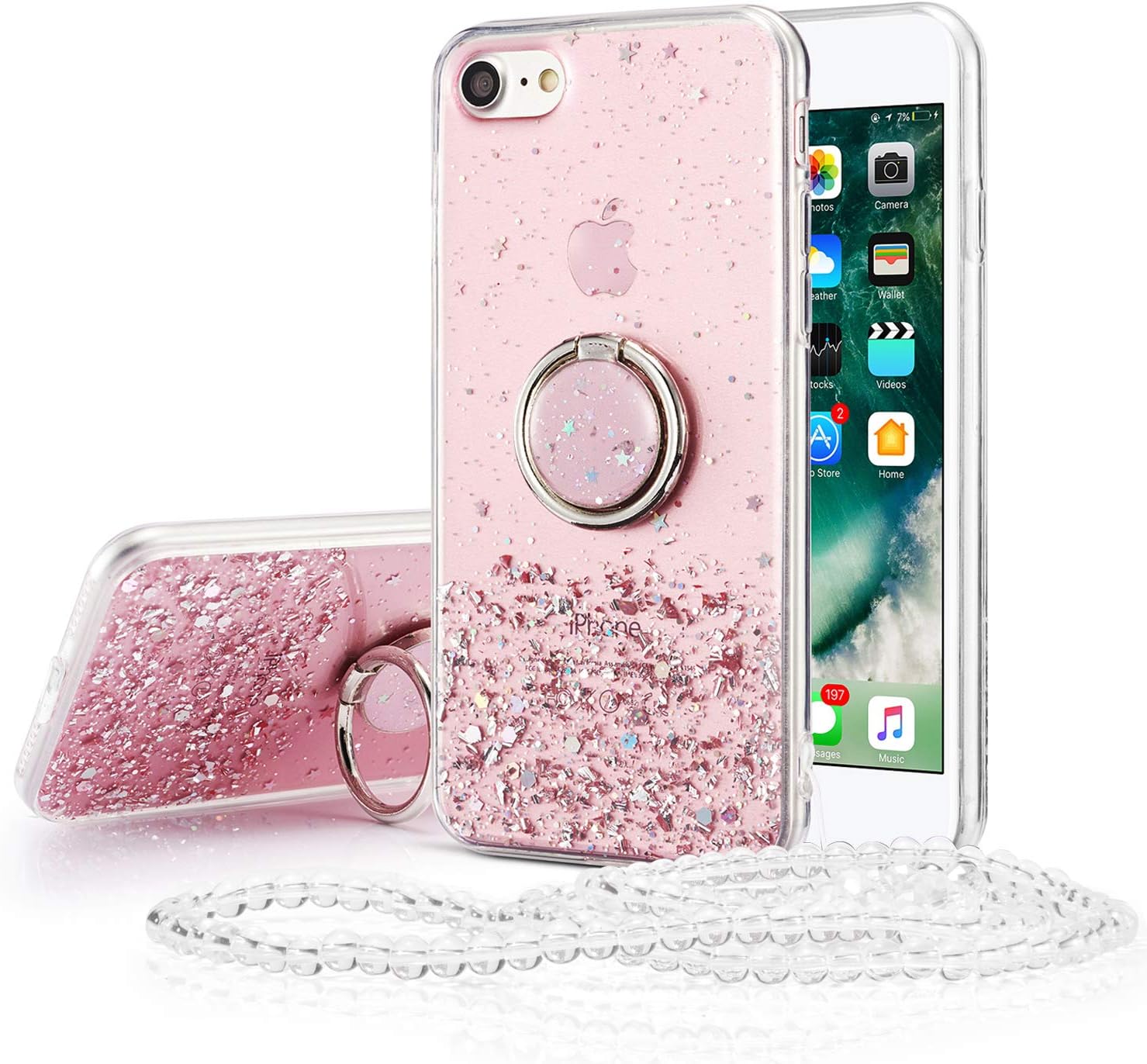 DEFBSC iPhone 6 Plus/iPhone 6s Plus Case,Bling Glitter Sparkle Transparent Sequin Soft TPU Shockproof Girls Women Cute Case with Ring Kickstand and Lanyard for iPhone 6 Plus/iPhone 6s Plus-Pink