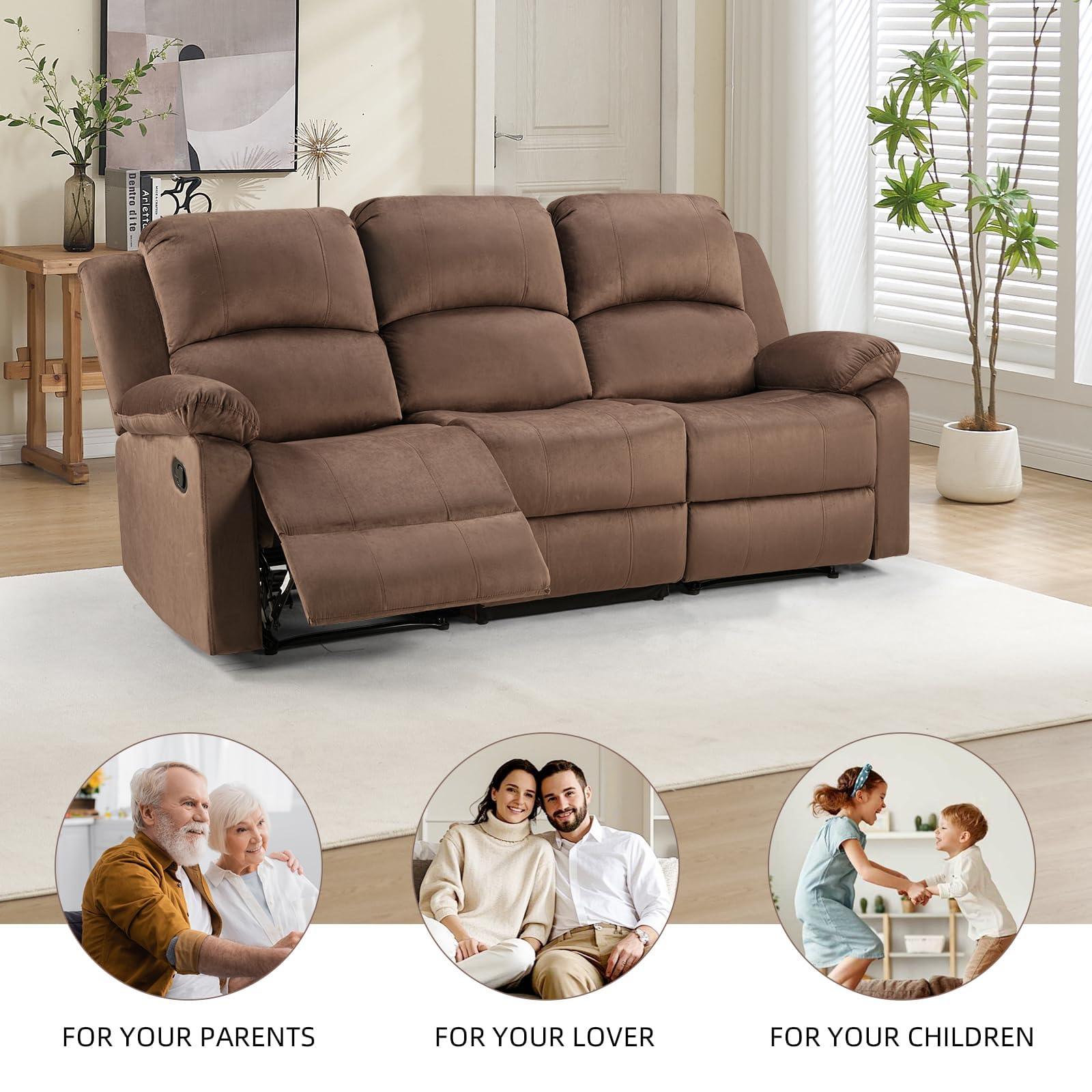 EBELLO Manual Recliner Sofa Set, Modern Microfiber Reclining Couch Furniture Set for Living Room, Includes 1 Recliner Chair and 2 3-Seater Reclining Couch for Home Theater and Office, Brown view 6