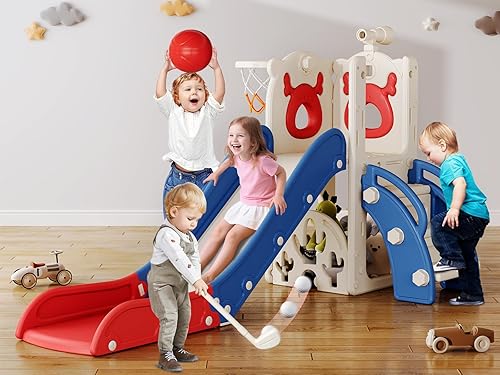 Tobogán para niños pequeños, 7 en 1, juego mejorado con juego de golf para niños, aro de baloncesto y espacio de almacenamiento para niños pequeños