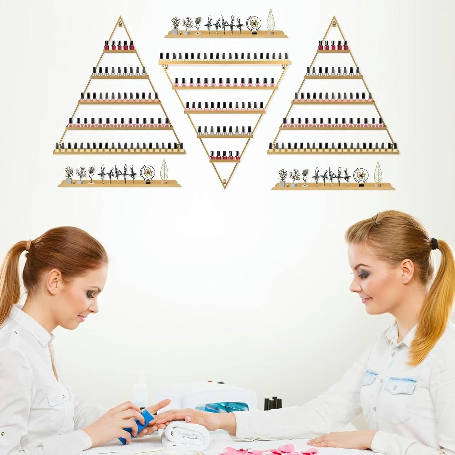 10 PCS Nail Polish Rack Wall, 5 Tiers Gold Triangular Display Rack Cosmetic Display Cases Essential Oil Bottles Shelf Organizer Lipstick Perfume Holder for Home Spa Nail Salon Shop
