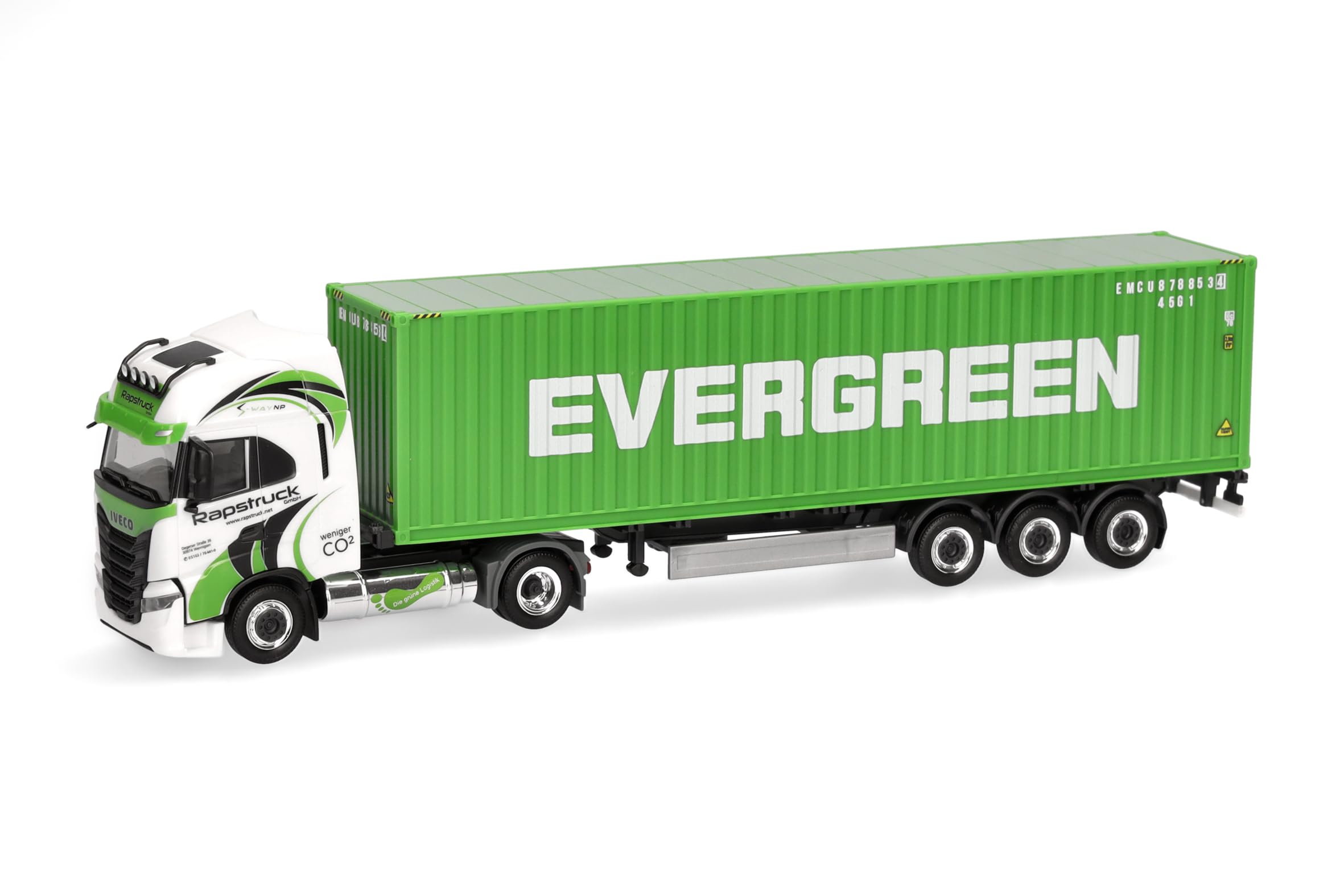Herpa truck model Iveco S-Way LNG 40ft. container semitrailer "Rapstrucks/Evergreen", on a scale of 1:87, plastic miniature, made in Germany, model building, collectors edition