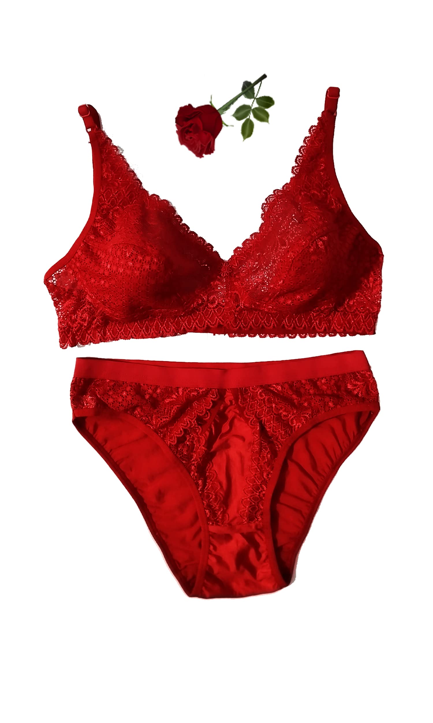 Woman and Girls Bra and Panty Set Full Coverage Net Lace Non Padded Multicolor (Pack of 3 Set)-picture-20
