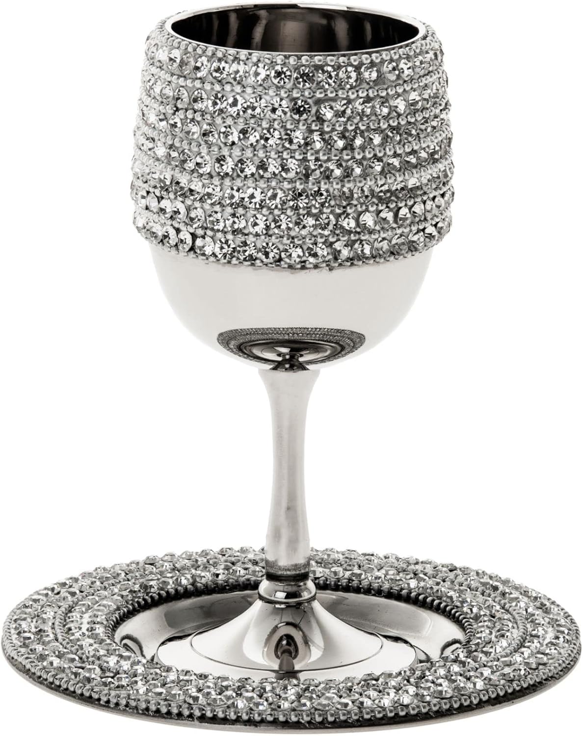 Judaica Kiddush Cup Stainless Steel With Tray, Clear Stones Decoration 5.75"x 2.5"x2.5", Tray 5"