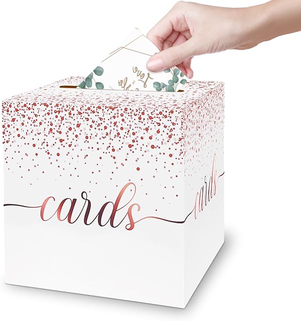 1 Pack White and Rose Gold Card Box for Party, 8.7" White Gift Card Box Money Box for Birthday, Wedding, Baby Shower, Retirement, Anniversary, Bridal Shower, Raffle Ticket