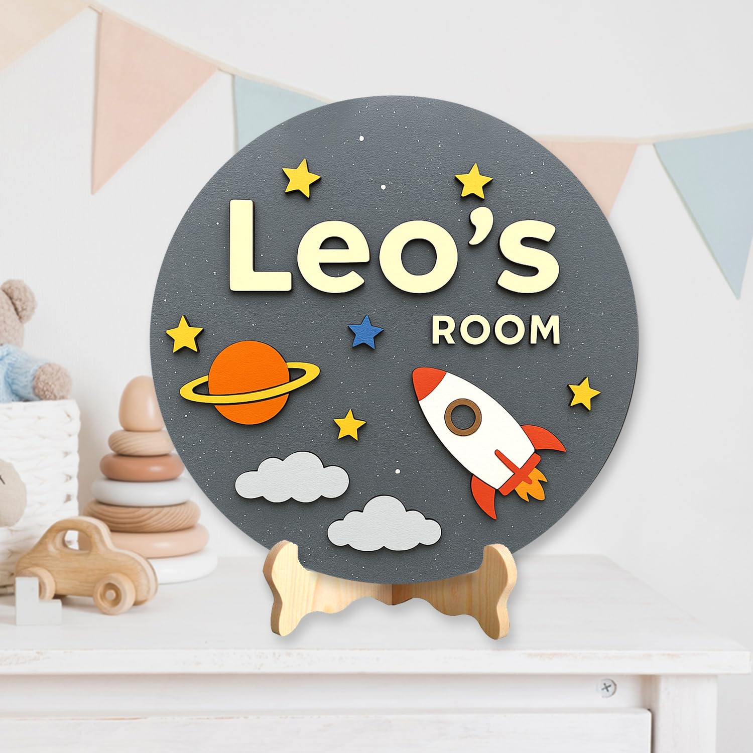 Personalized Wooden Name Sign - Rocket Spaceship Custom Baby Name Sign For Nusery Room Decor, Signs for Kids Room Decor, Door Hanger Gift for Baby Shower Newborn Series 03