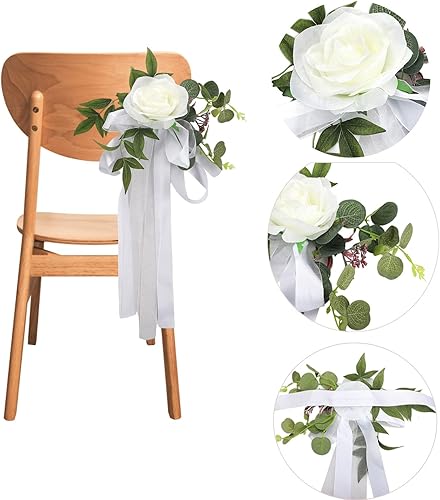 Miniatura 6 de FQQWEE - 6 piezas de decoración para sillas de pasillo de boda, rosas blancas, flores de respaldo de silla de boda con hojas y cintas, silla de