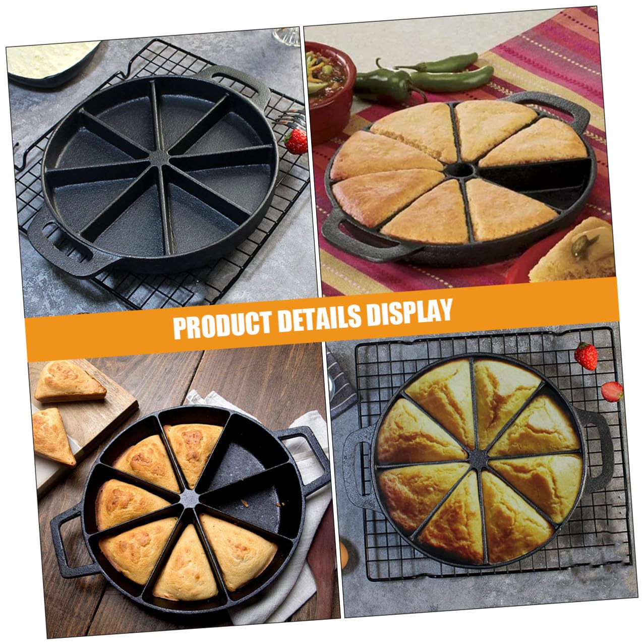 FOMIYES Gusseiserne Brotbackform mit Antihaftbeschichtung 21cm Keilpfanne mit Doppelgriffen Backform für 8 Maisbrotstücke und Scones Gleichmäßige Wärmeverteilung Backform für Küche