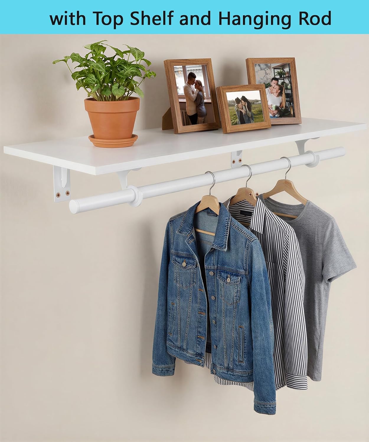 Wall Mounted Clothes Rack, with Top Shelf and Hanging Rod, Heavy Duty (White, 1 PACK 11.8" x 31.4")