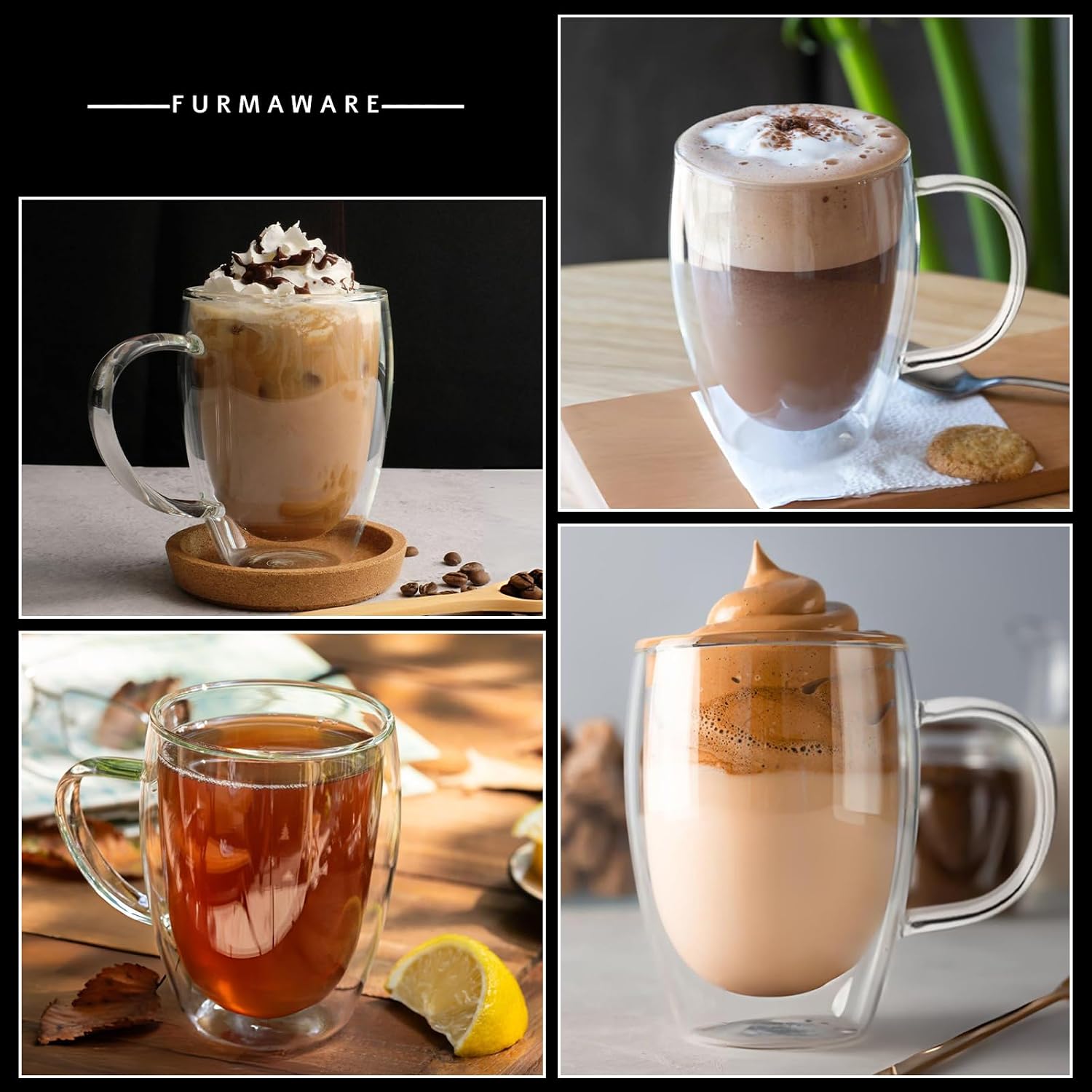 12 Oz Insulated Glass Mugs – Double Wall Coffee Mugs for Tea, Cappuccino, Iced Coffee, Latte, Hot Beverages – Microwave & Dishwasher Safe, Set of 2