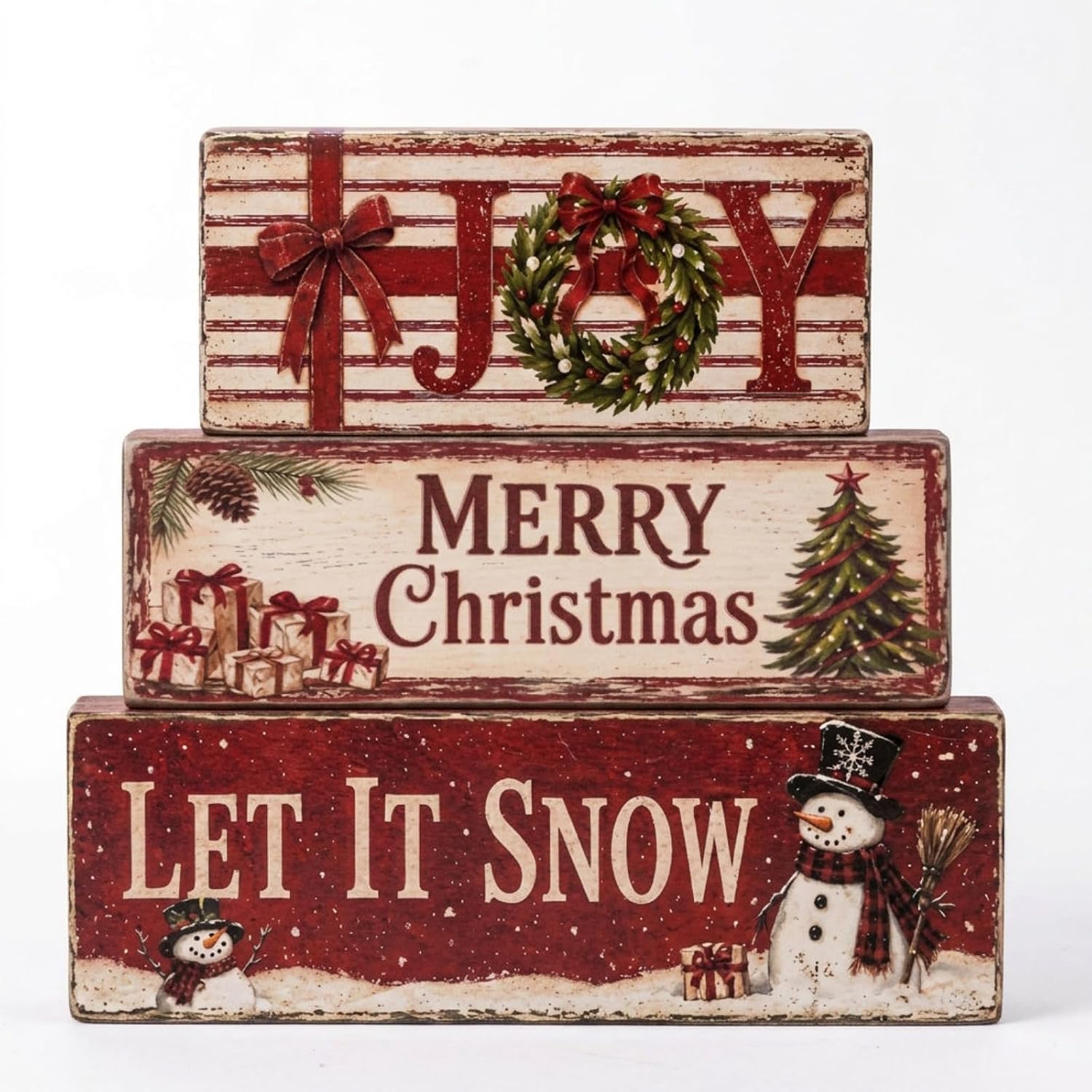 Marsui 3 Pcs Christmas Decor Let It Snow Wooden Christmas Tiered Tray Decor