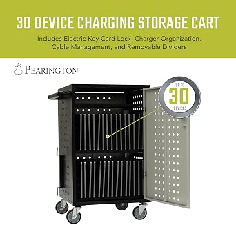 Pearington 30 Device Charging Cart with Electric Key Card Lock, Charger Organization, Cable Management, Laptop-Chromebook Charging Mobile Storage Station, Black and Grey
