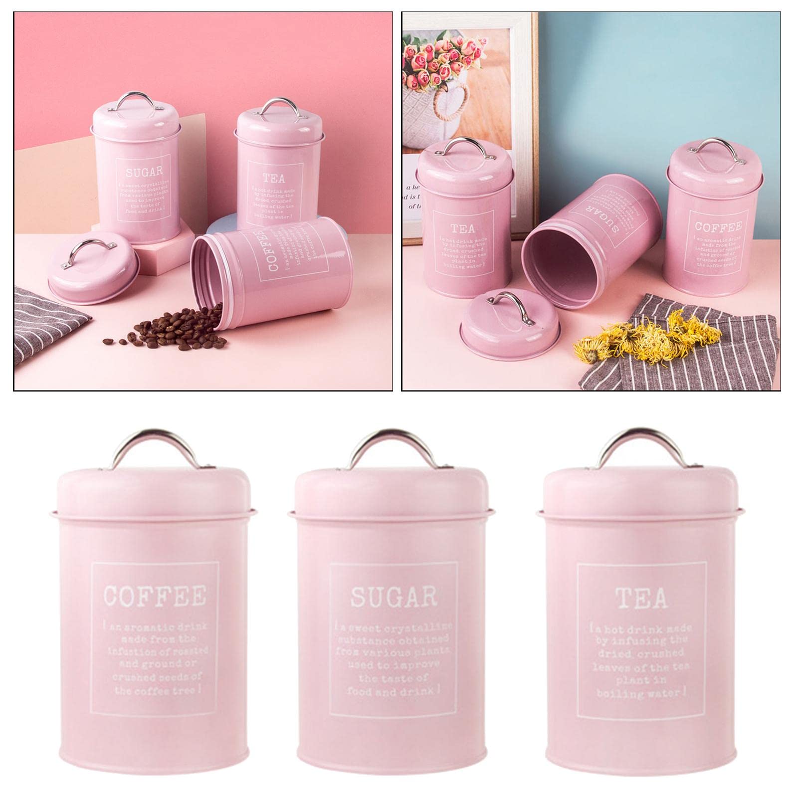 MERIGLARE Juego de Botes de Cocina de Metal, Café, Té, Azúcar, Latas, Contenedores, Frascos de Almacenamiento de Alimentos, Botellas, Capacidad de 1200 Ml - Rosa, Individual